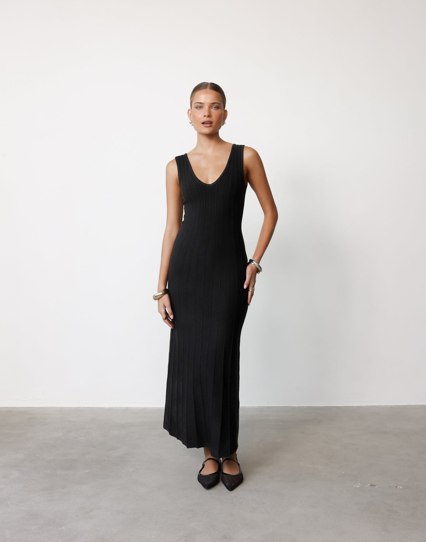 Aurelia Maxi Dress (Black) | CHARCOAL Exclusive - V-neck Ribbed Bodycon Maxi Dress - Women's Dress - Charcoal Clothing