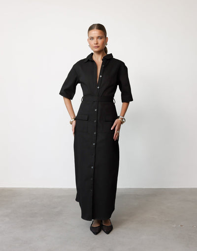 Roxy Maxi Dress (Black) | CHARCOAL Exclusive - Adjustable Belt Collared Neckline Cotton Maxi Dress - Women's Dress - Charcoal Clothing