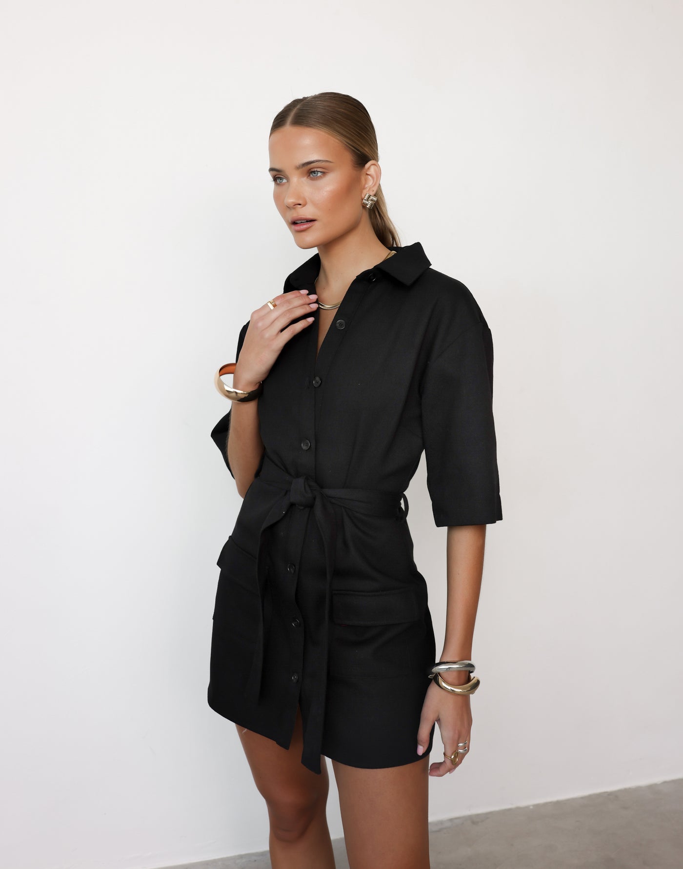 Roxy Mini Dress (Black) | CHARCOAL Exclusive - Adjustable Belt Collared Neckline Cotton Mini Dress - Women's Dress - Charcoal Clothing