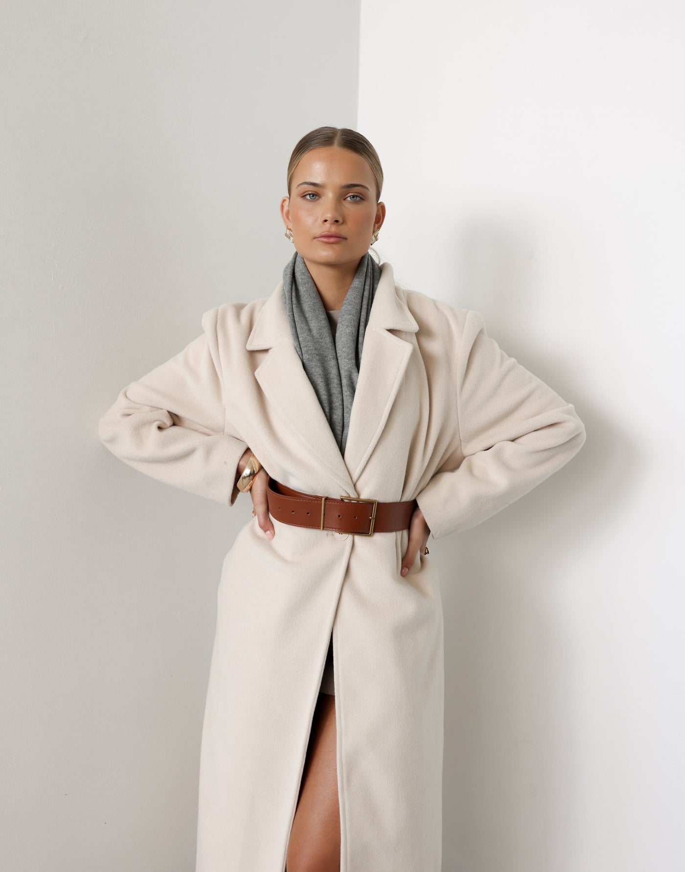 Abbey Trench Coat (Cream) | CHARCOAL Exclusive - Textured Thick Lined Collared Trench Coat - Women's Outerwear - Charcoal Clothing