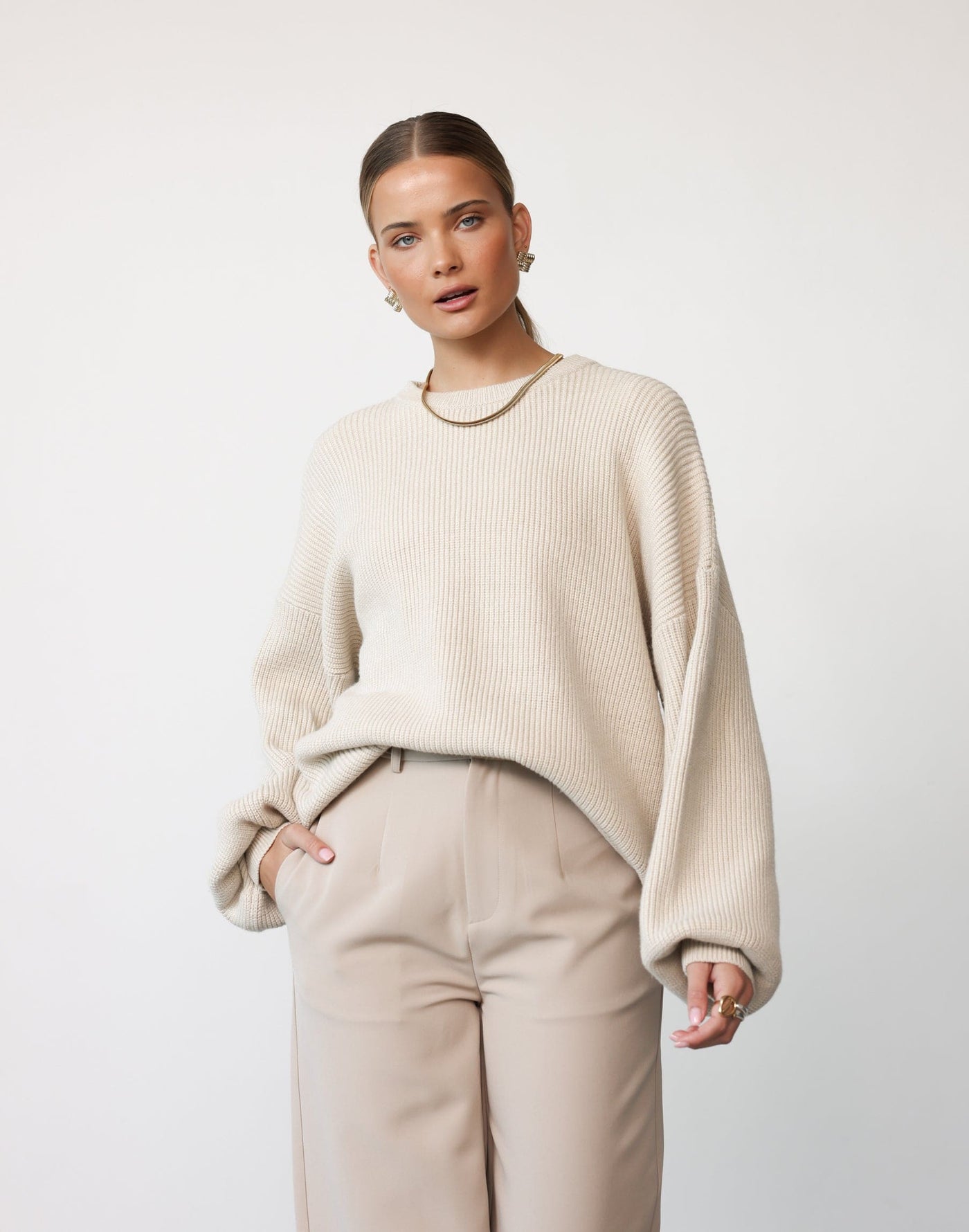 Zac Jumper (Latte) | CHARCOAL Exclusive - Oversized Cuffed Drop Shoulder Jumper/Sweater - Women's Top - Charcoal Clothing