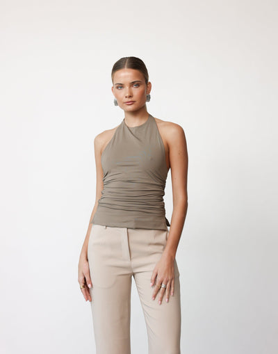 Callista Top (Stone) | CHARCOAL Exclusive - High Halter Neck Low Back Gather Detail Top - Women's Top - Charcoal Clothing