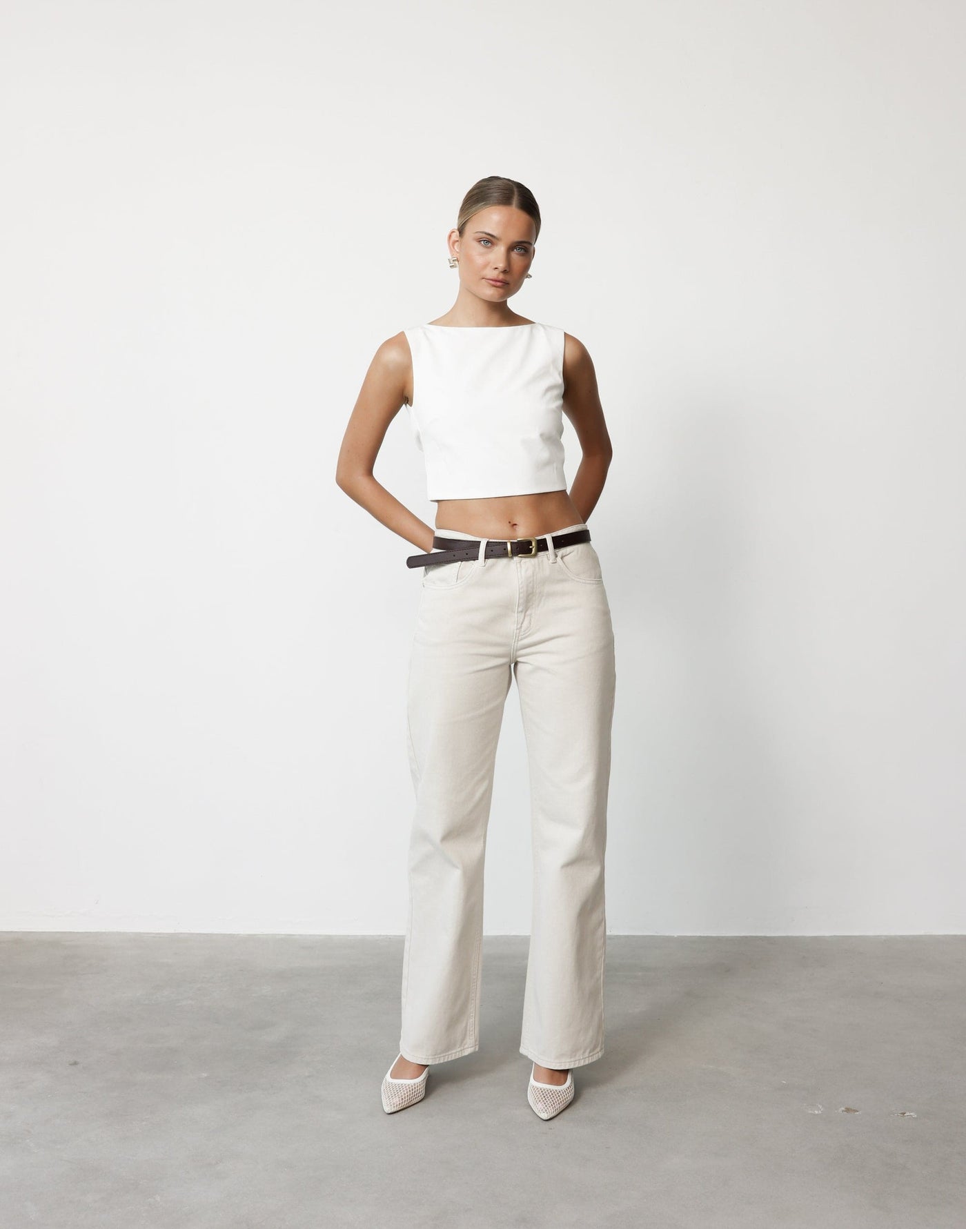 Danica Top (White) | CHARCOAL Exclusive - Boat Neck Cropped Open Back Buckle Detail Top - Women's Top - Charcoal Clothing