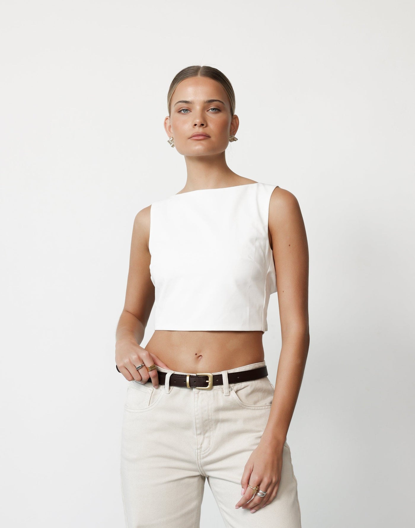 Danica Top (White) | CHARCOAL Exclusive - Boat Neck Cropped Open Back Buckle Detail Top - Women's Top - Charcoal Clothing