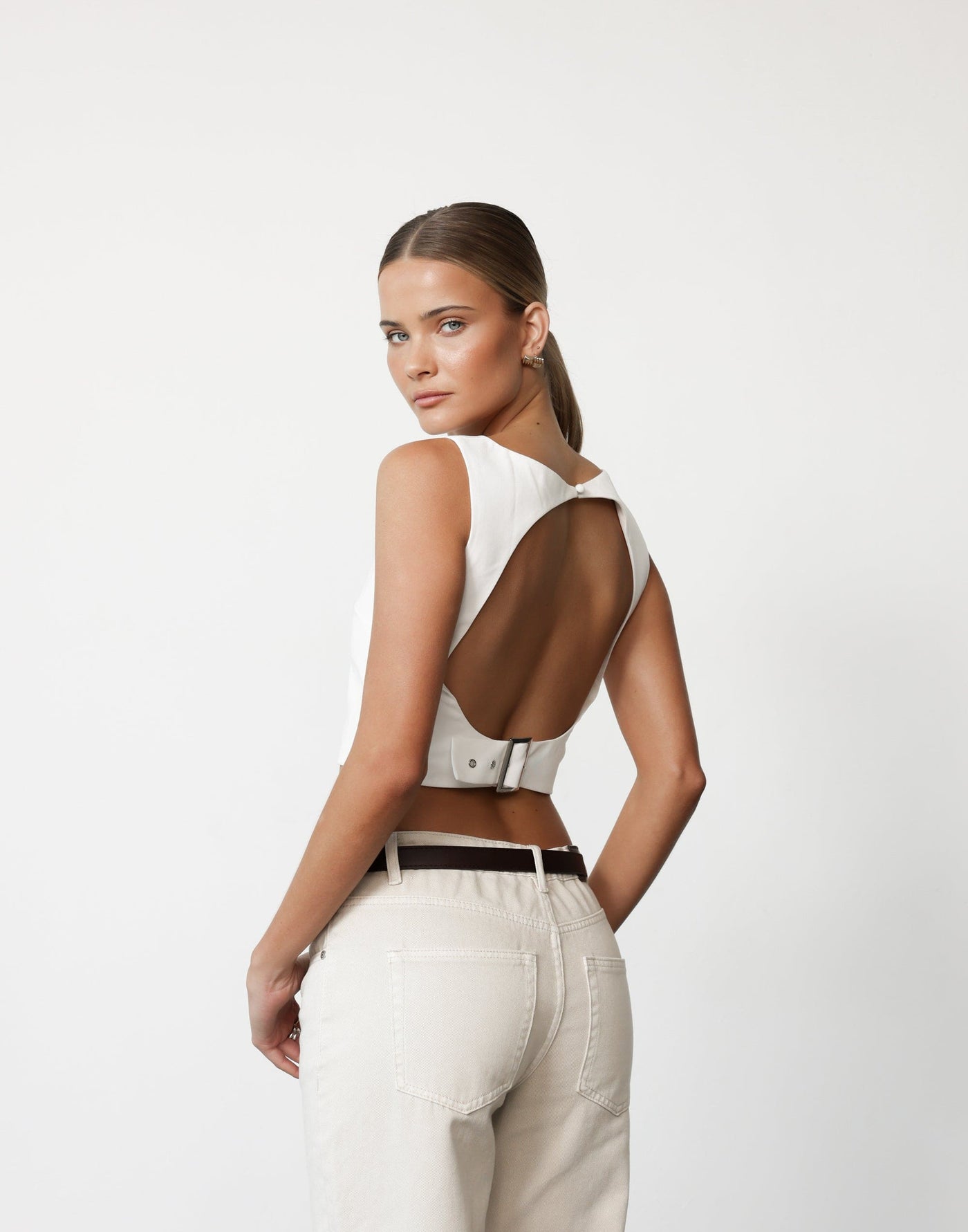 Danica Top (White) | CHARCOAL Exclusive - Boat Neck Cropped Open Back Buckle Detail Top - Women's Top - Charcoal Clothing