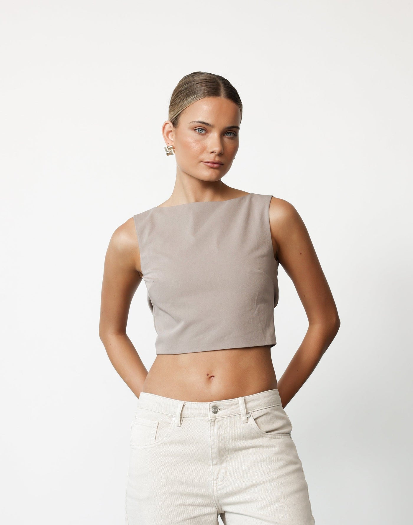 Danica Top (Ash) | CHARCOAL Exclusive - Boat Neck Cropped Open Back Buckle Detail Top - Women's Top - Charcoal Clothing