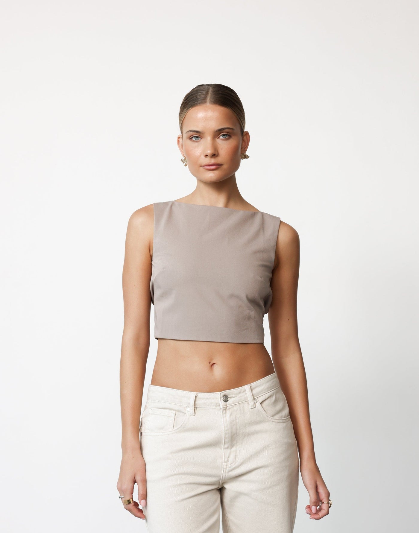 Danica Top (Ash) | CHARCOAL Exclusive - Boat Neck Cropped Open Back Buckle Detail Top - Women's Top - Charcoal Clothing