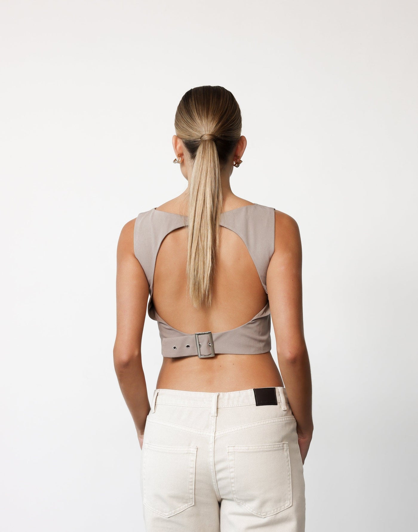 Danica Top (Ash) | CHARCOAL Exclusive - Boat Neck Cropped Open Back Buckle Detail Top - Women's Top - Charcoal Clothing