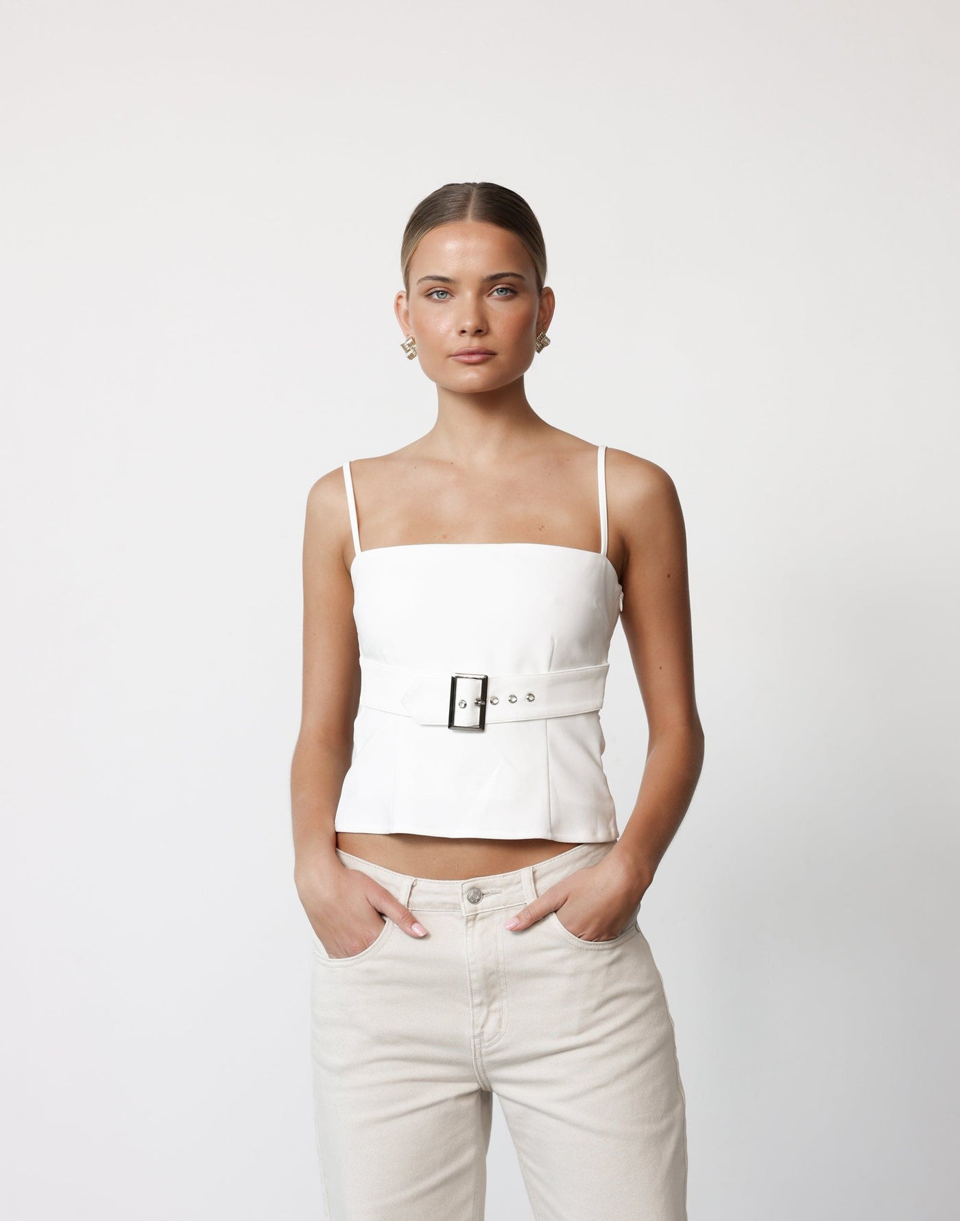 Terese Top (White) | CHARCOAL Exclusive - Straight Neck Buckle Detail Longline Cami Style Top - Women's Top - Charcoal Clothing