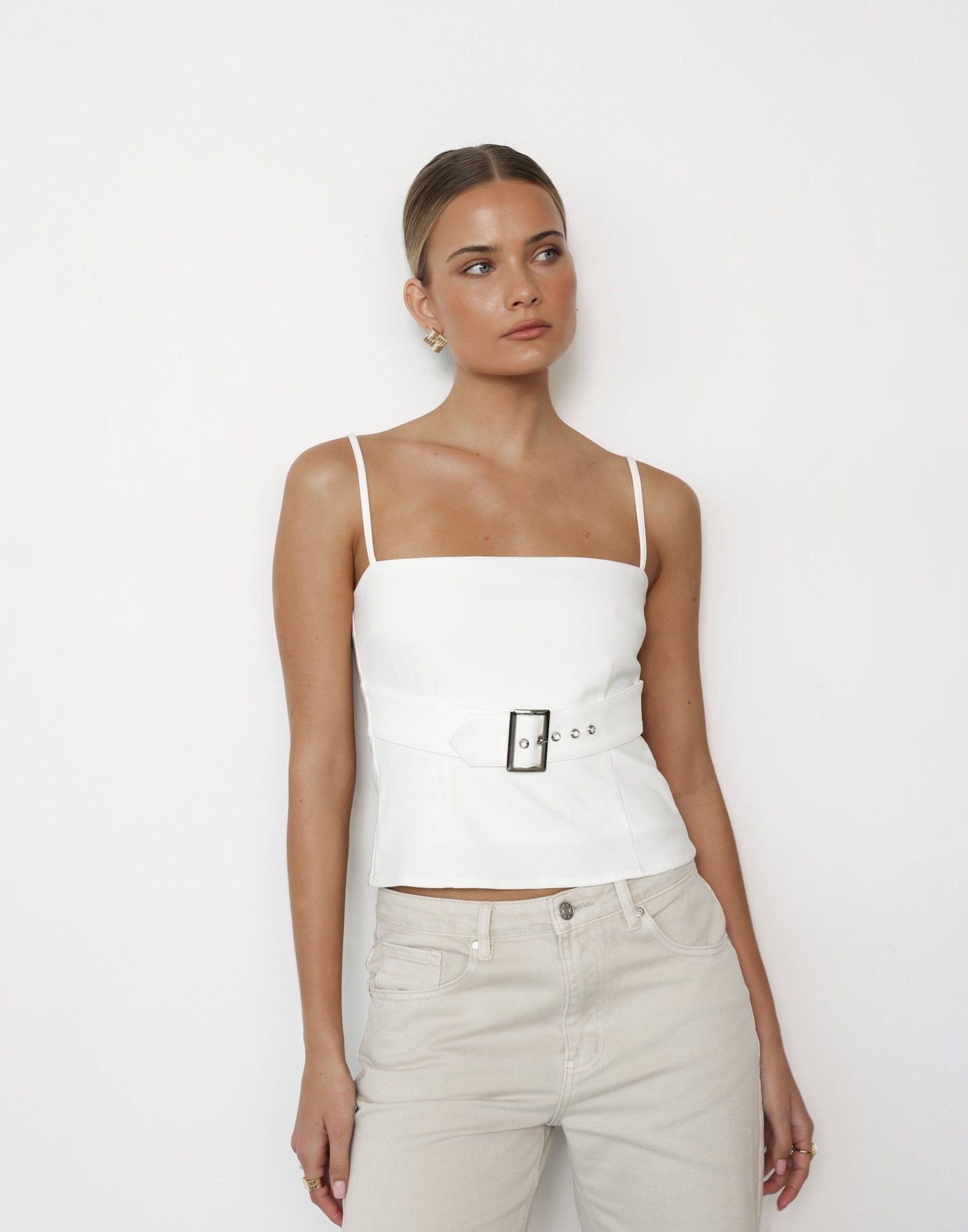 Terese Top (White) | CHARCOAL Exclusive - Straight Neck Buckle Detail Longline Cami Style Top - Women's Top - Charcoal Clothing