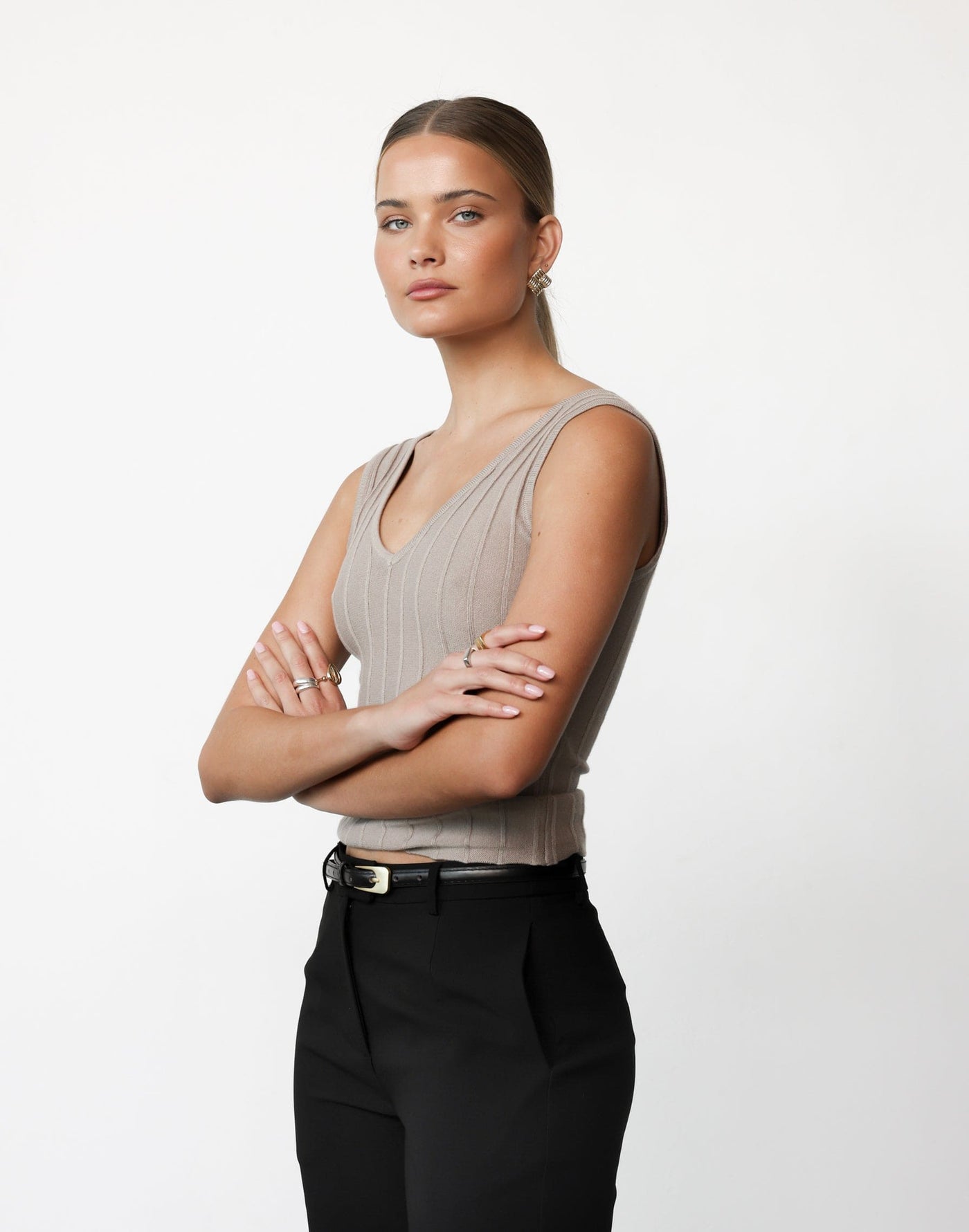 Aurelia Top (Ash) | CHARCOAL Exclusive - Longline Bodycon Ribbed Detail V-neck Top - Women's Top - Charcoal Clothing