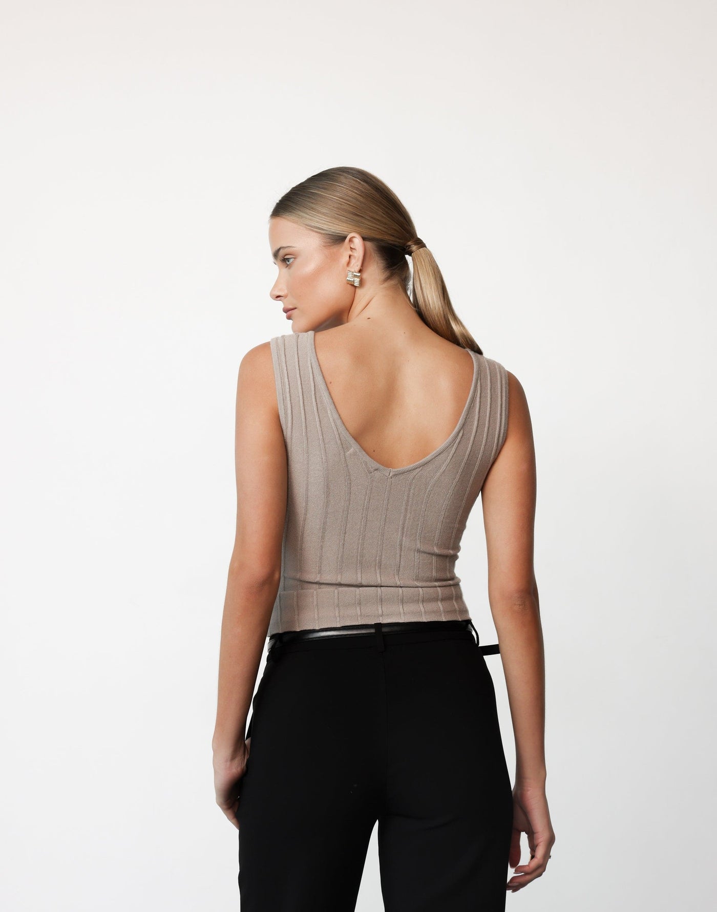 Aurelia Top (Ash) | CHARCOAL Exclusive - Longline Bodycon Ribbed Detail V-neck Top - Women's Top - Charcoal Clothing