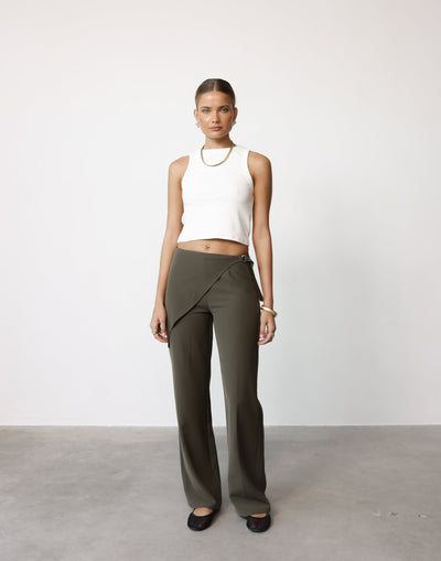 Maira Pants (Olive) | CHARCOAL Exclusive - Front Additional Panel Mid to High Rise Pants - Women's Pants - Charcoal Clothing