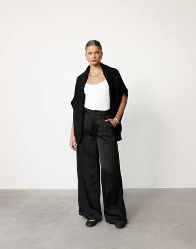 Morena Pants (Black) | CHARCOAL Exclusive - High Waisted Wide Leg Satin Pants - Women's Pants - Charcoal Clothing