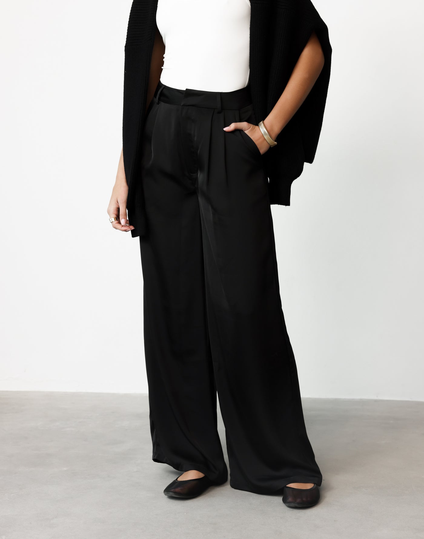 Morena Pants (Black) | CHARCOAL Exclusive - High Waisted Wide Leg Satin Pants - Women's Pants - Charcoal Clothing