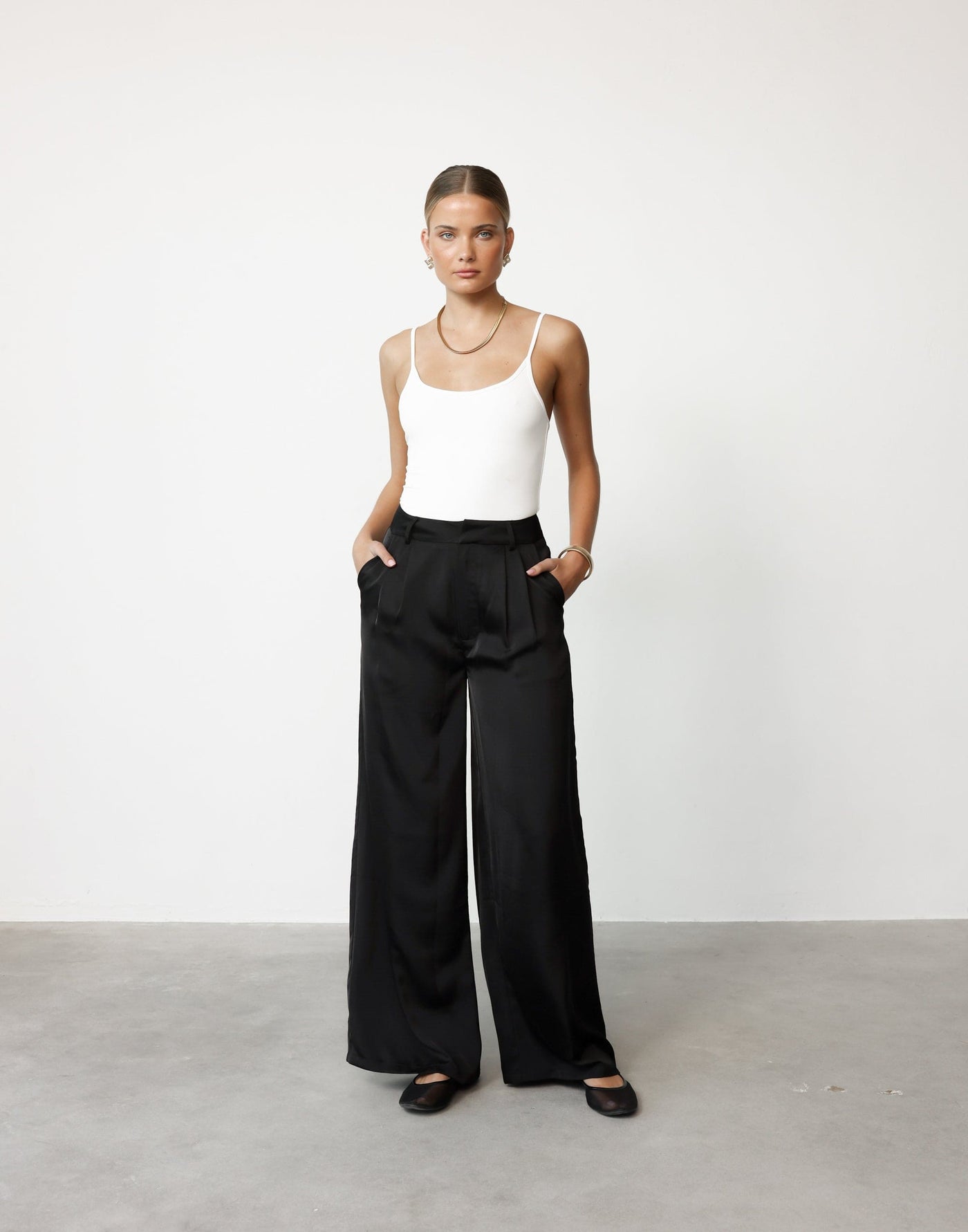 Morena Pants (Black) | CHARCOAL Exclusive - High Waisted Wide Leg Satin Pants - Women's Pants - Charcoal Clothing