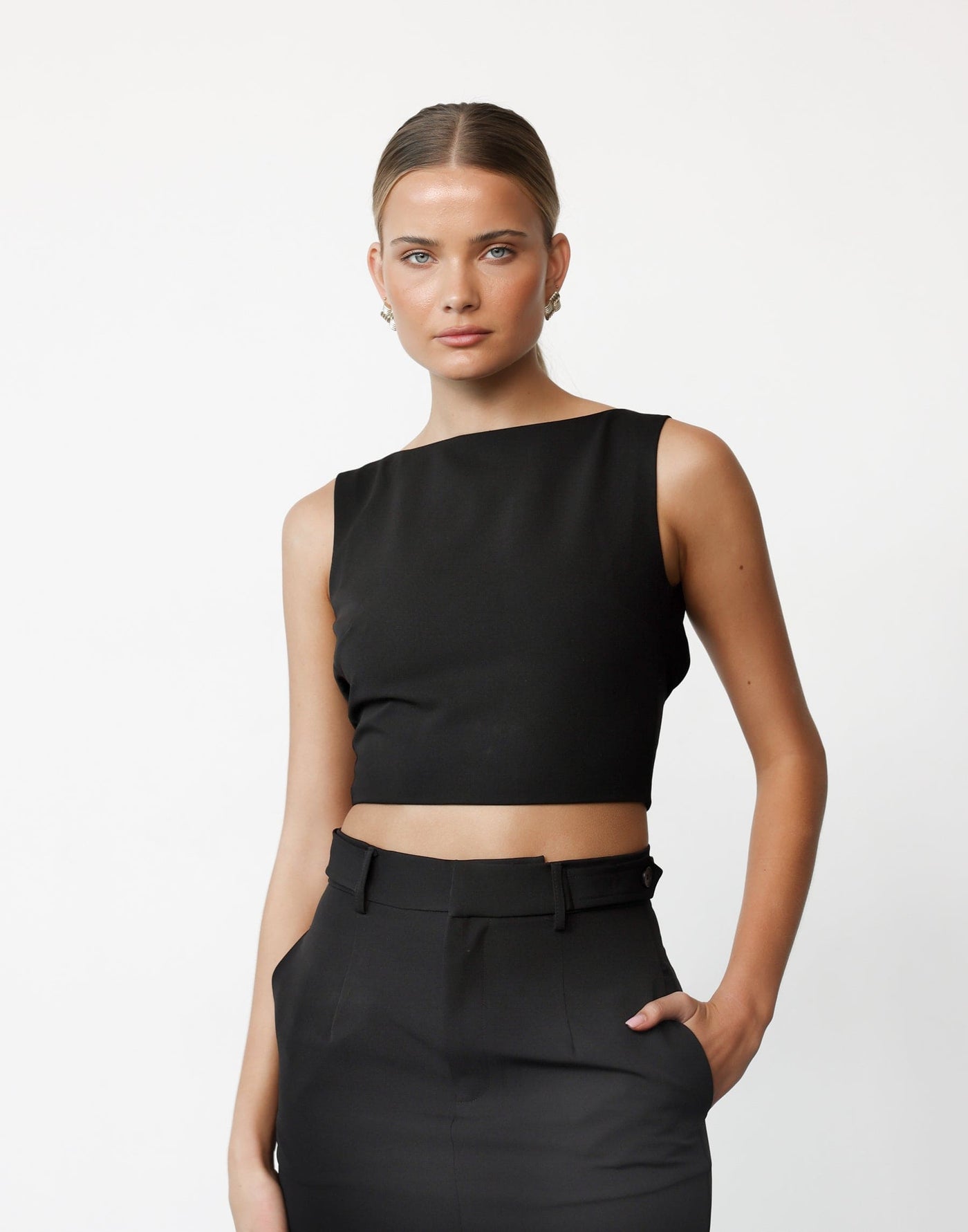 Danica Top (Black) | CHARCOAL Exclusive - Boat Neck Cropped Open Back Buckle Detail Top - Women's Top - Charcoal Clothing