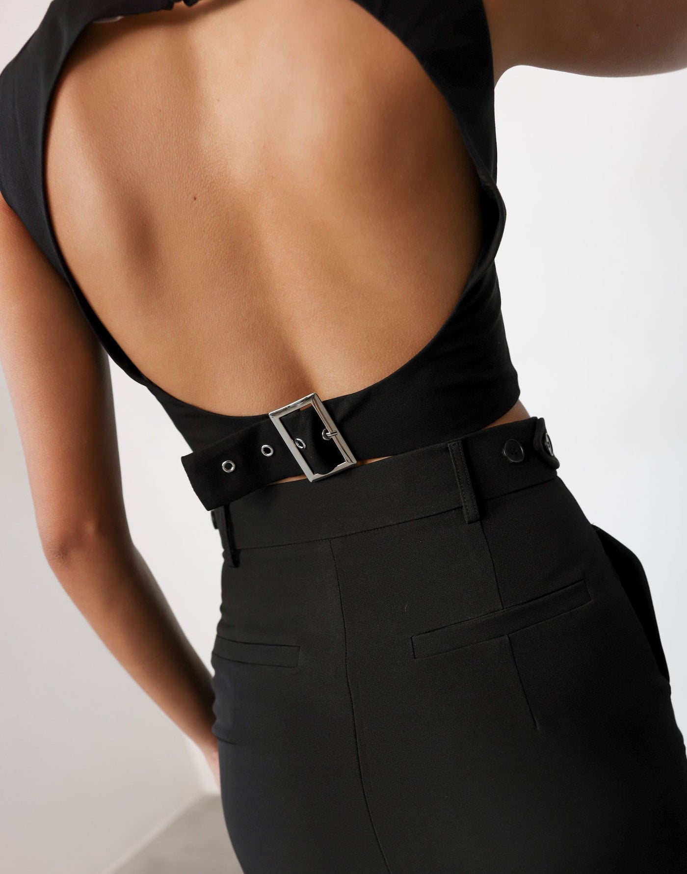 Danica Top (Black) | CHARCOAL Exclusive - Boat Neck Cropped Open Back Buckle Detail Top - Women's Top - Charcoal Clothing