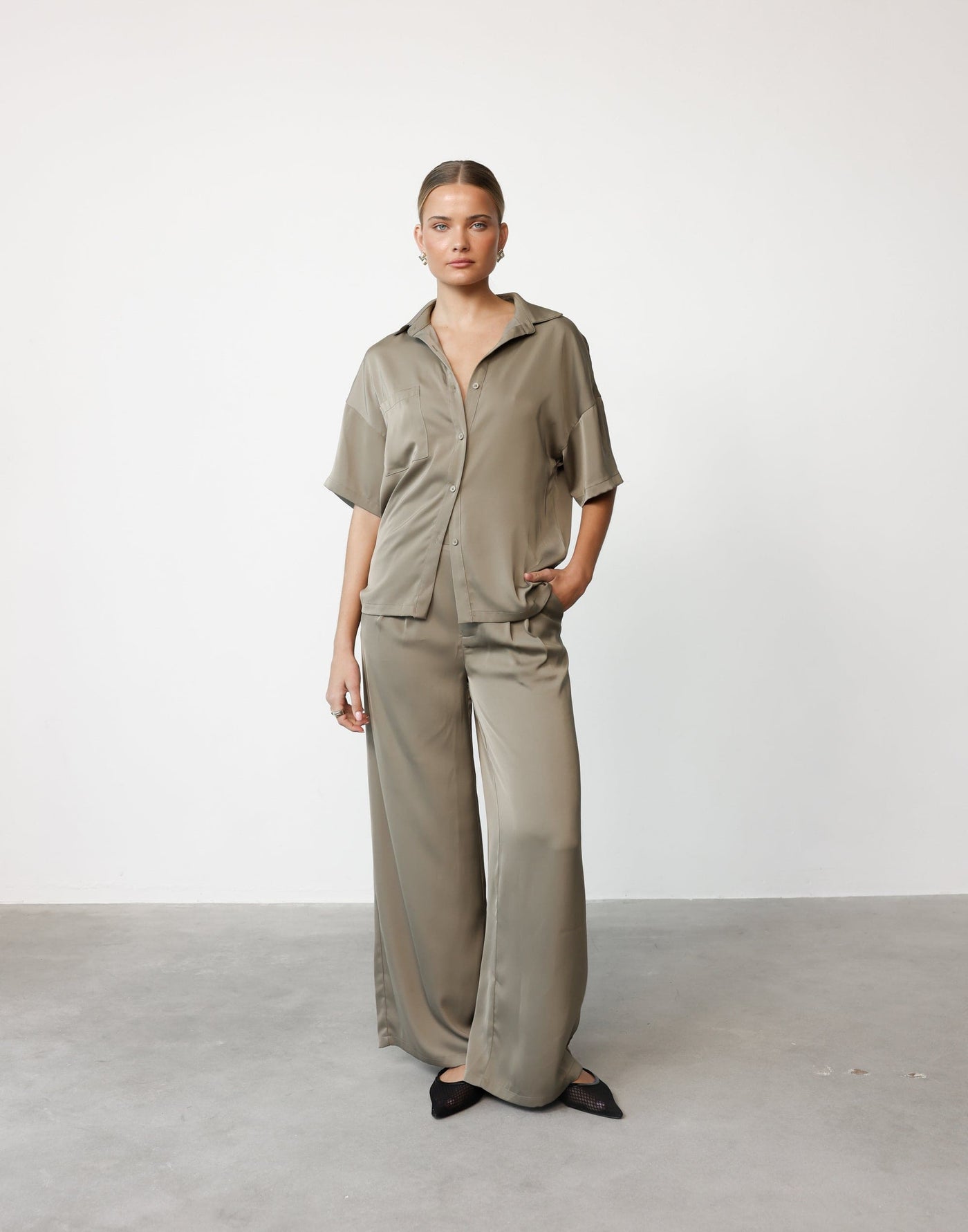 Morena Pants (Dusty Olive) | CHARCOAL Exclusive - High Waisted Wide Leg Satin Pants - Women's Pants - Charcoal Clothing