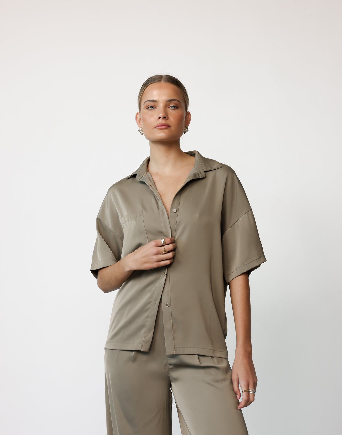 Morena Top (Dusty Olive) | CHARCOAL Exclusive - Button Closure Short Sleeve Satin Shirt with Pocket - Women's Top - Charcoal Clothing