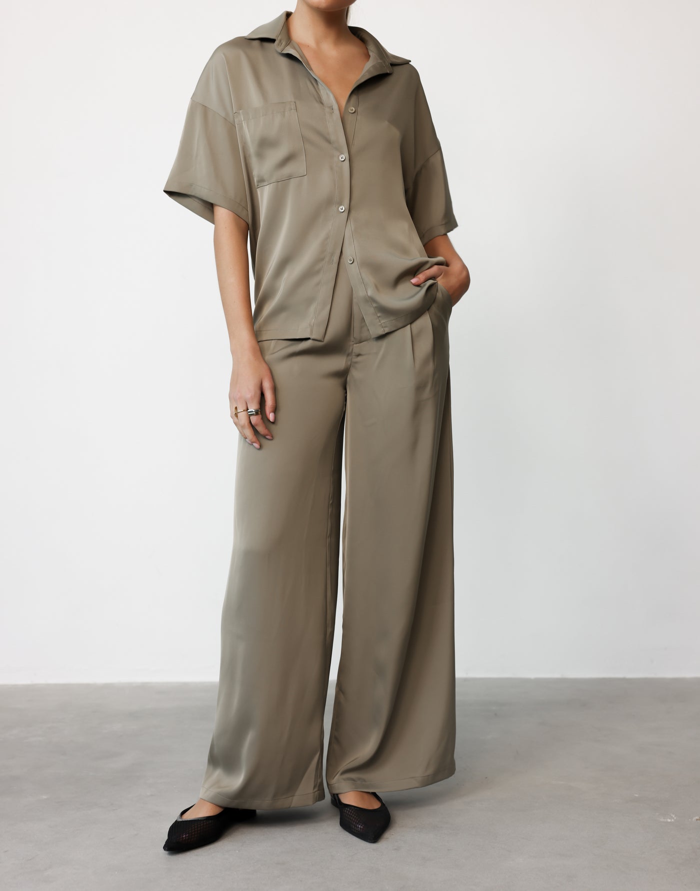 Morena Pants (Dusty Olive) | CHARCOAL Exclusive - High Waisted Wide Leg Satin Pants - Women's Pants - Charcoal Clothing