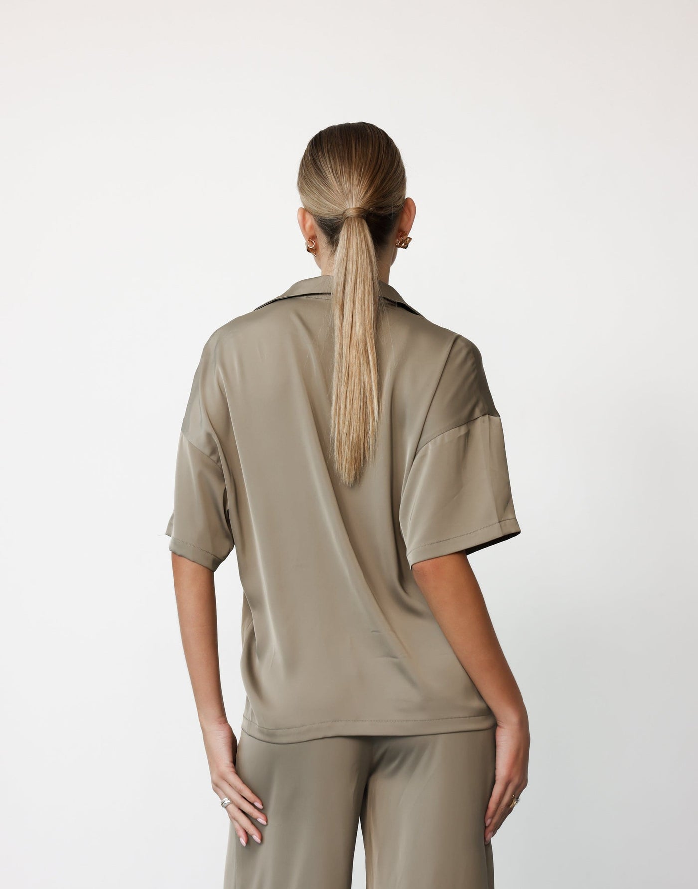 Morena Top (Dusty Olive) | CHARCOAL Exclusive - Button Closure Short Sleeve Satin Shirt with Pocket - Women's Top - Charcoal Clothing