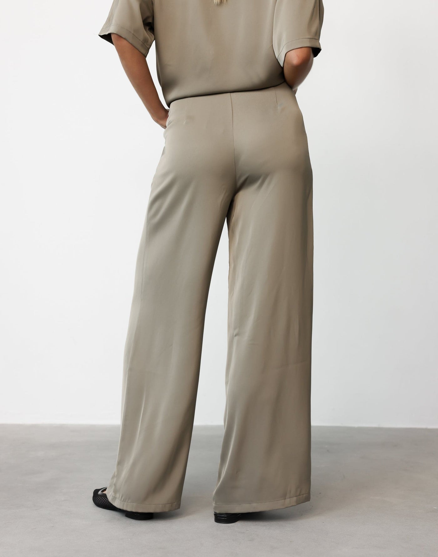 Morena Pants (Dusty Olive) | CHARCOAL Exclusive - High Waisted Wide Leg Satin Pants - Women's Pants - Charcoal Clothing