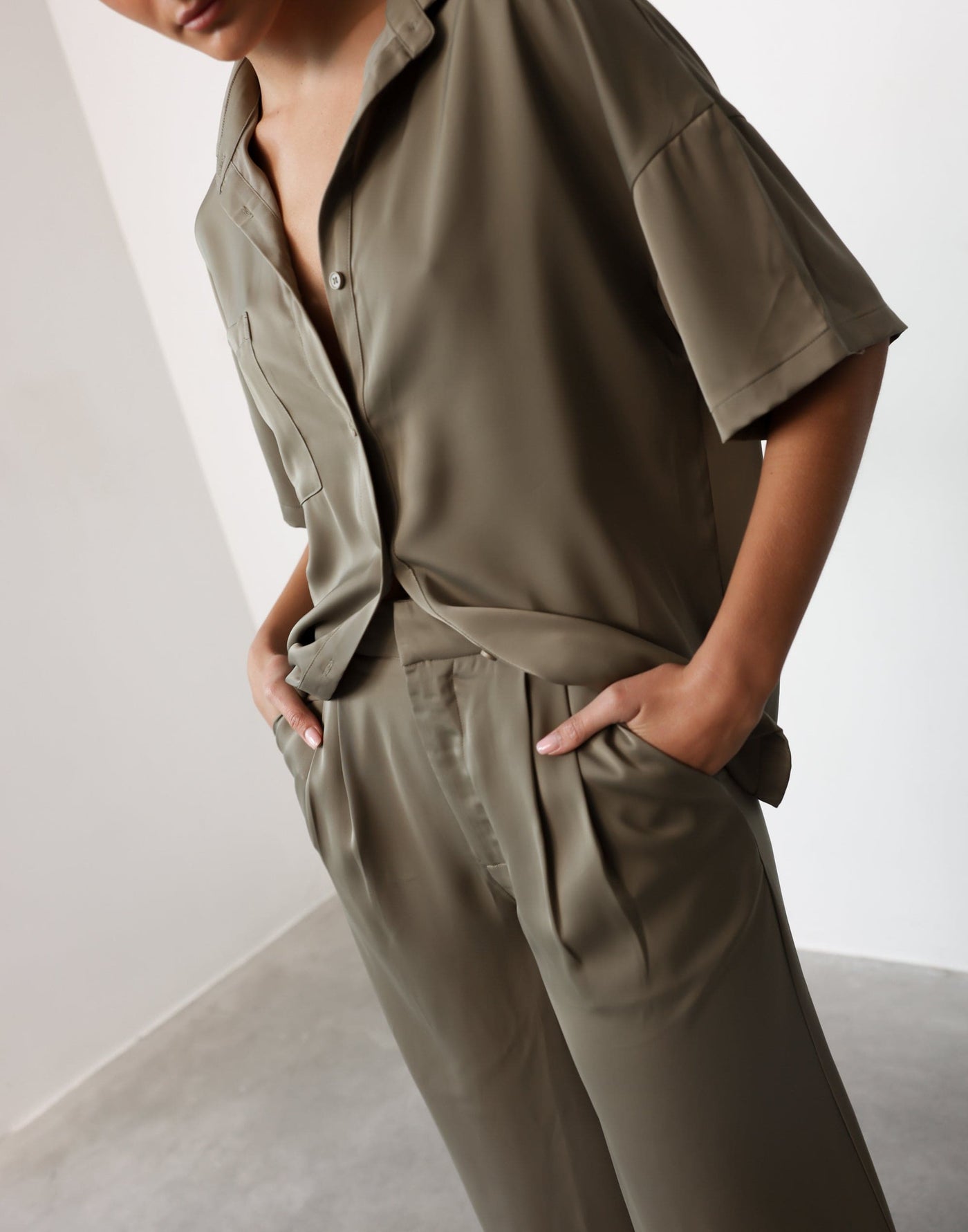 Morena Top (Dusty Olive) | CHARCOAL Exclusive - Button Closure Short Sleeve Satin Shirt with Pocket - Women's Top - Charcoal Clothing