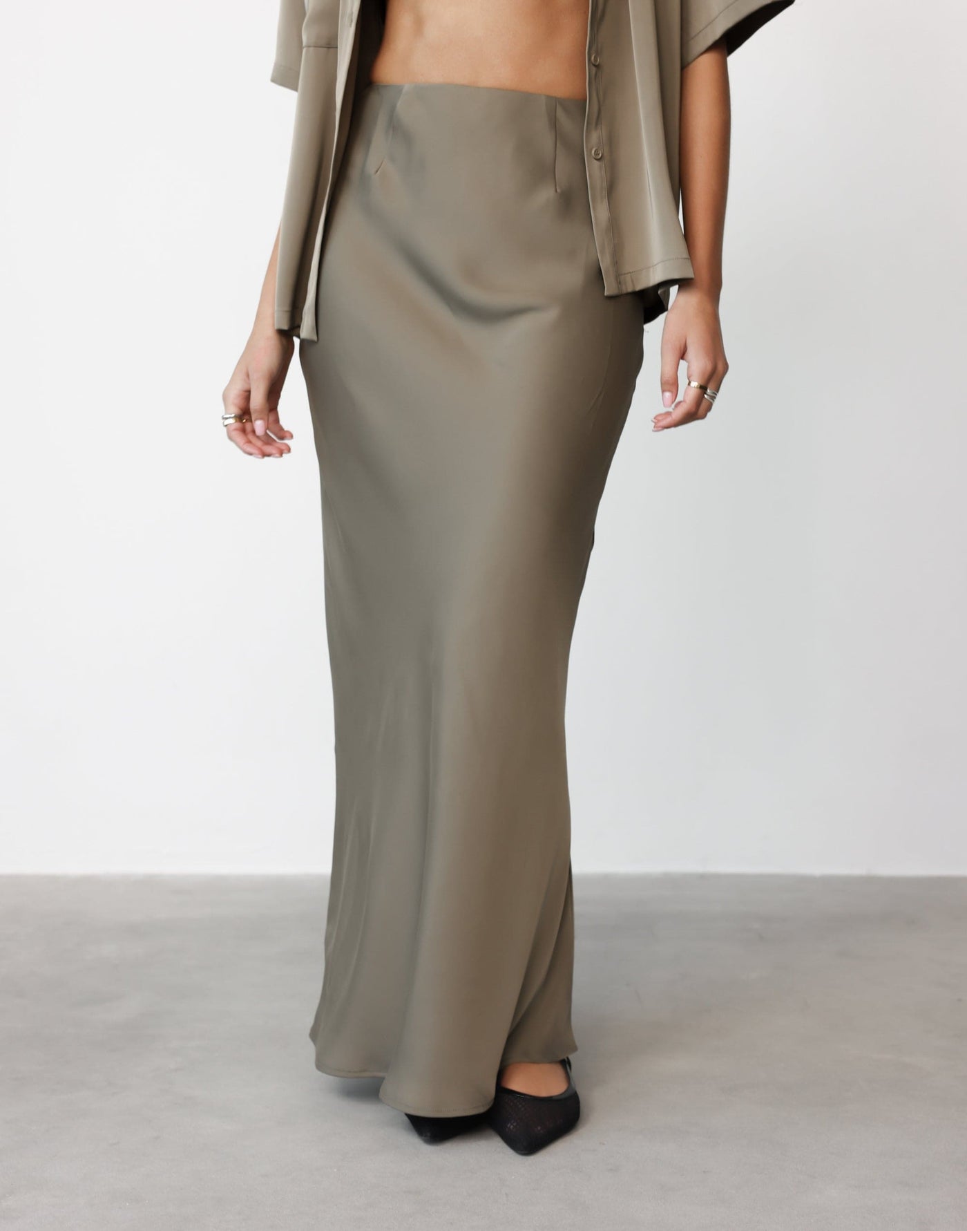 Morena Maxi Skirt (Dusty Olive) | CHARCOAL Exclusive - Satin High Rise Flared Maxi Skirt - Women's Skirt - Charcoal Clothing