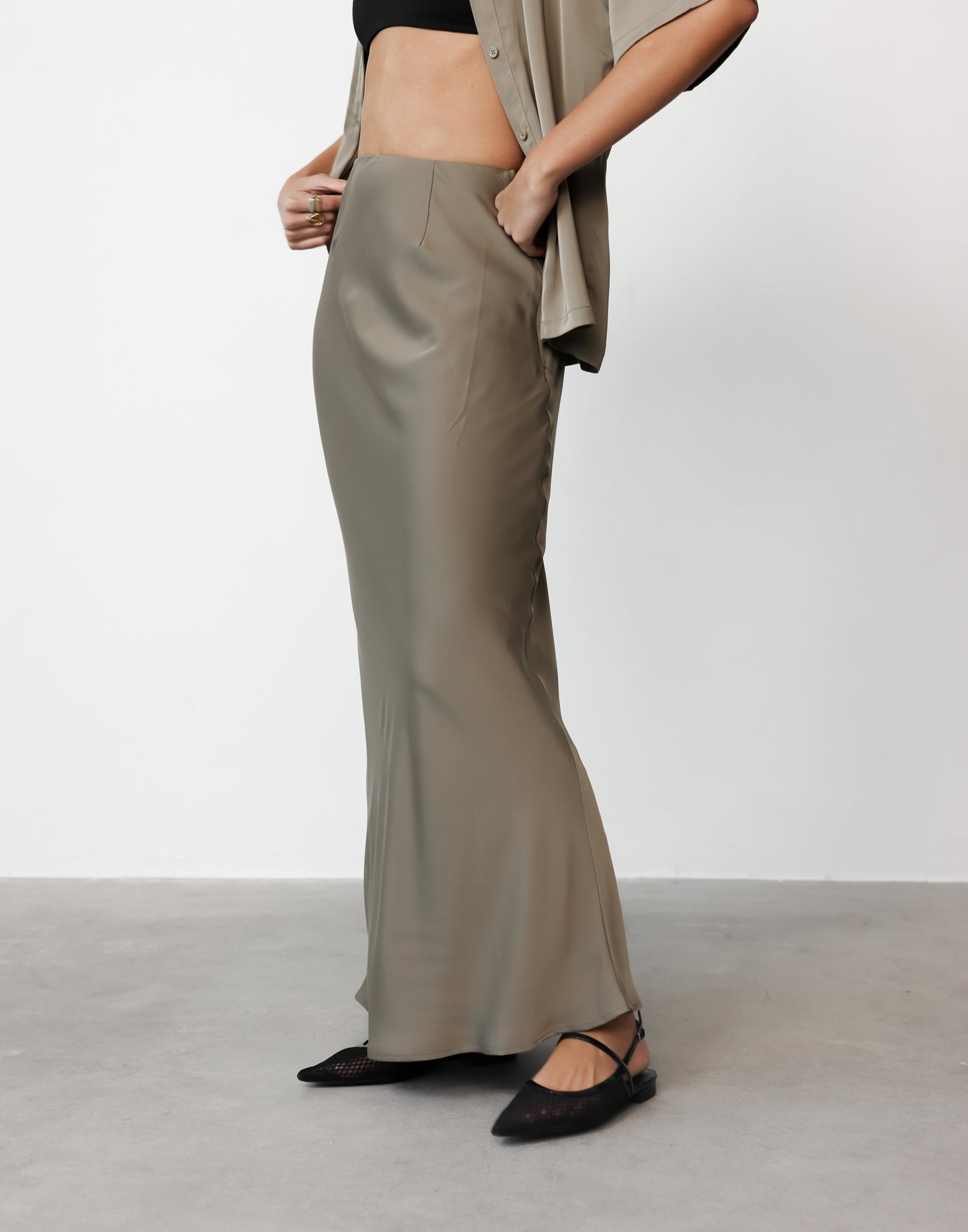 Morena Maxi Skirt (Dusty Olive) | CHARCOAL Exclusive - Satin High Rise Flared Maxi Skirt - Women's Skirt - Charcoal Clothing