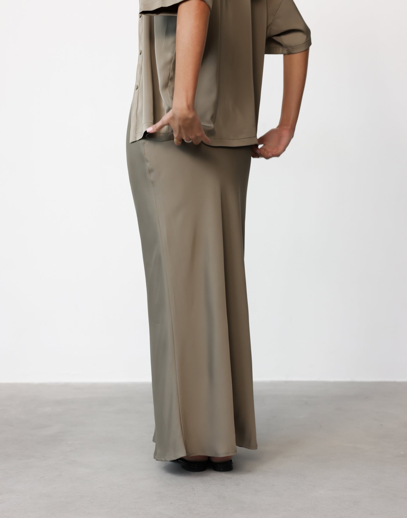 Morena Maxi Skirt (Dusty Olive) | CHARCOAL Exclusive - Satin High Rise Flared Maxi Skirt - Women's Skirt - Charcoal Clothing