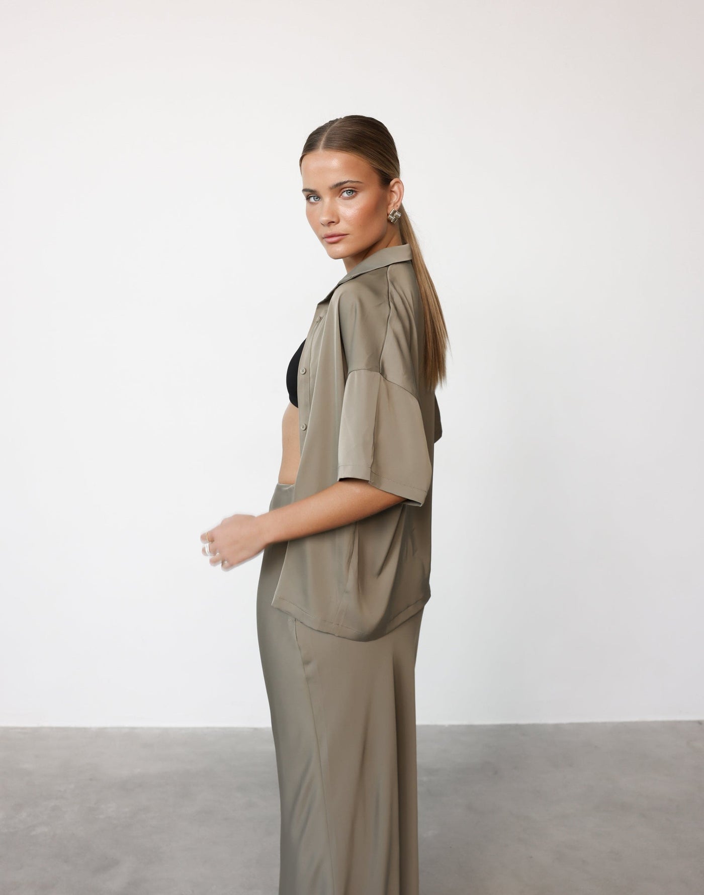 Morena Top (Dusty Olive) | CHARCOAL Exclusive - Button Closure Short Sleeve Satin Shirt with Pocket - Women's Top - Charcoal Clothing