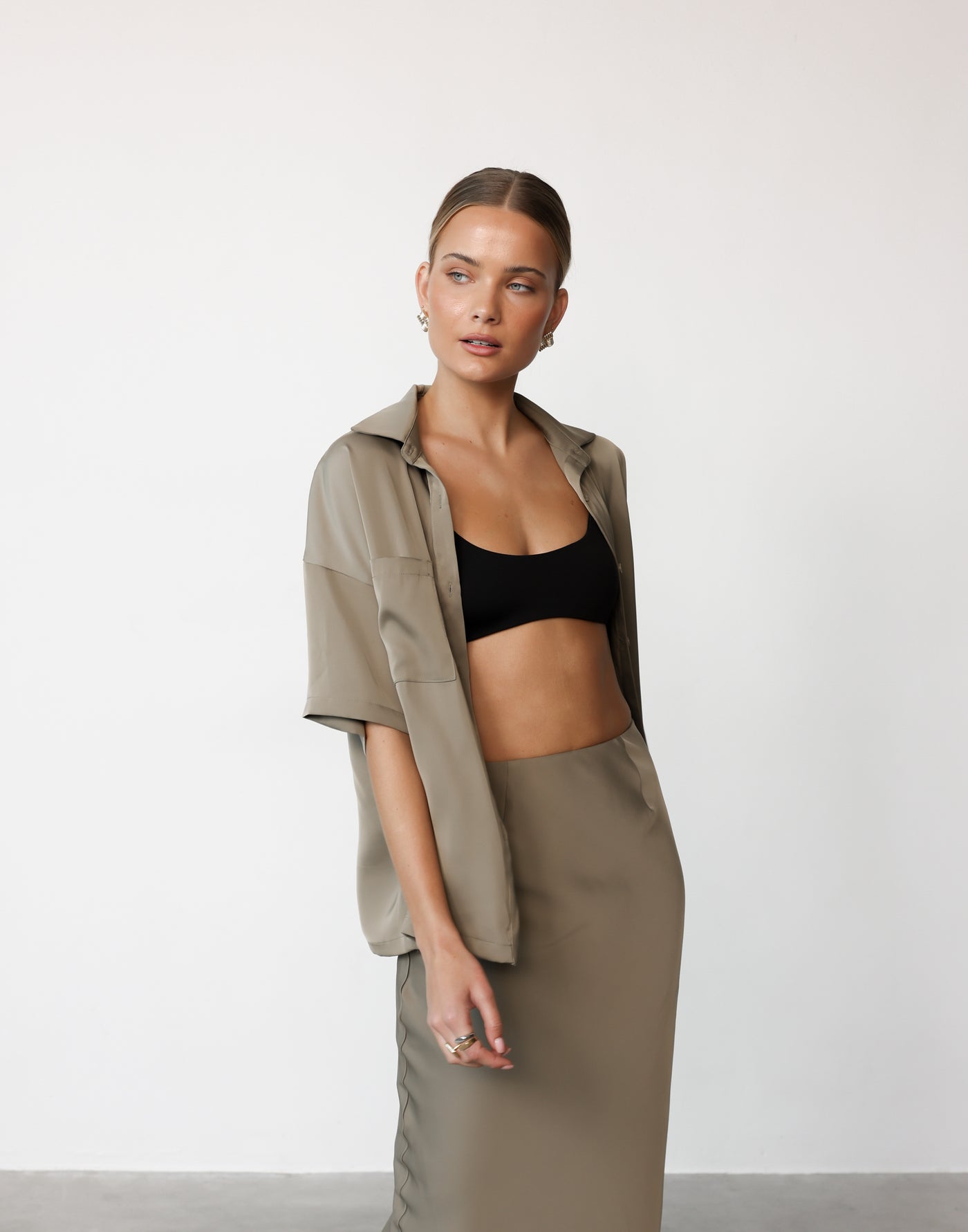 Morena Maxi Skirt (Dusty Olive) | CHARCOAL Exclusive - Satin High Rise Flared Maxi Skirt - Women's Skirt - Charcoal Clothing