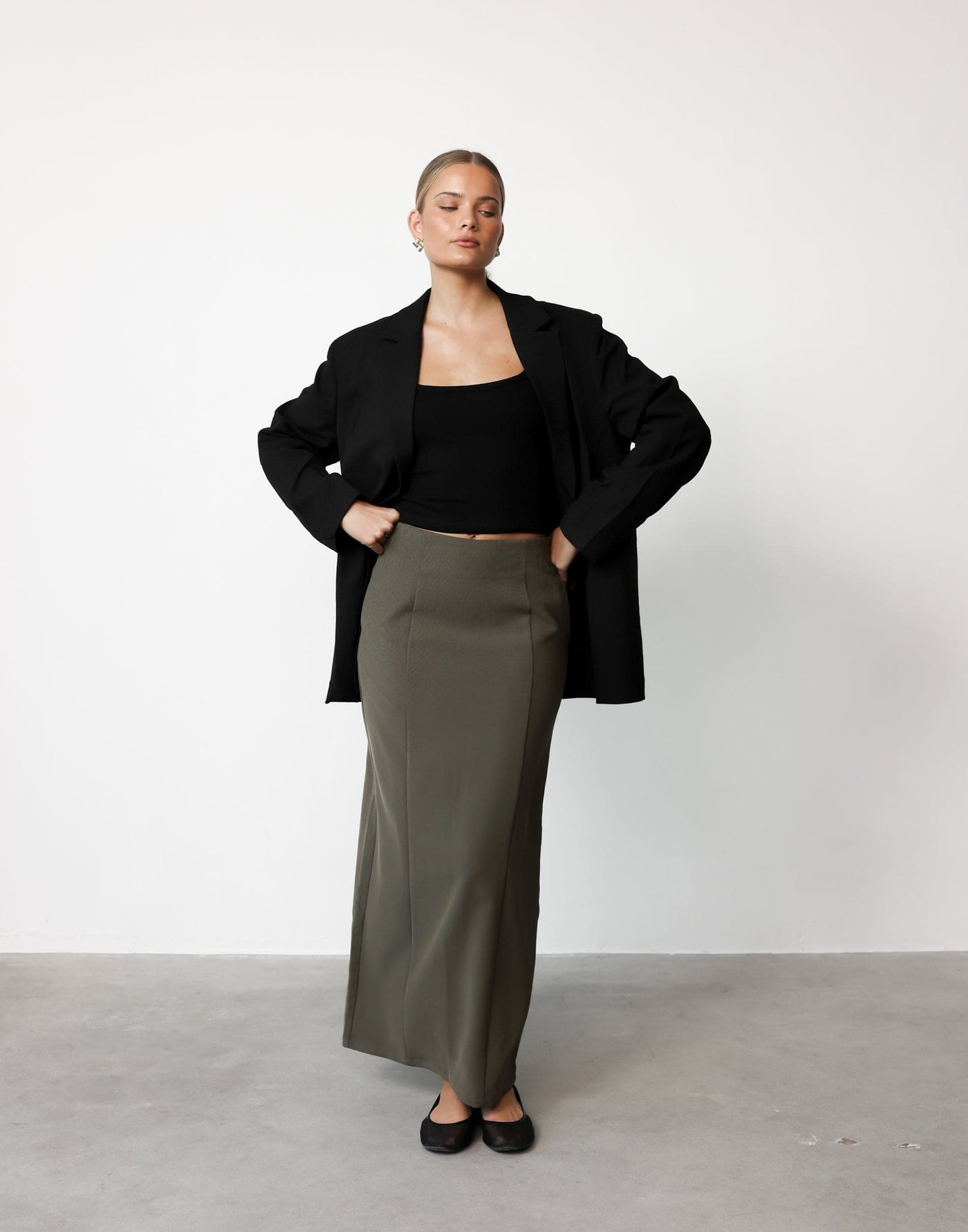 Alexander Maxi Skirt (Olive) | CHARCOAL Exclusive - Centre Back Split High Rise Maxi Skirt - Women's Skirt - Charcoal Clothing