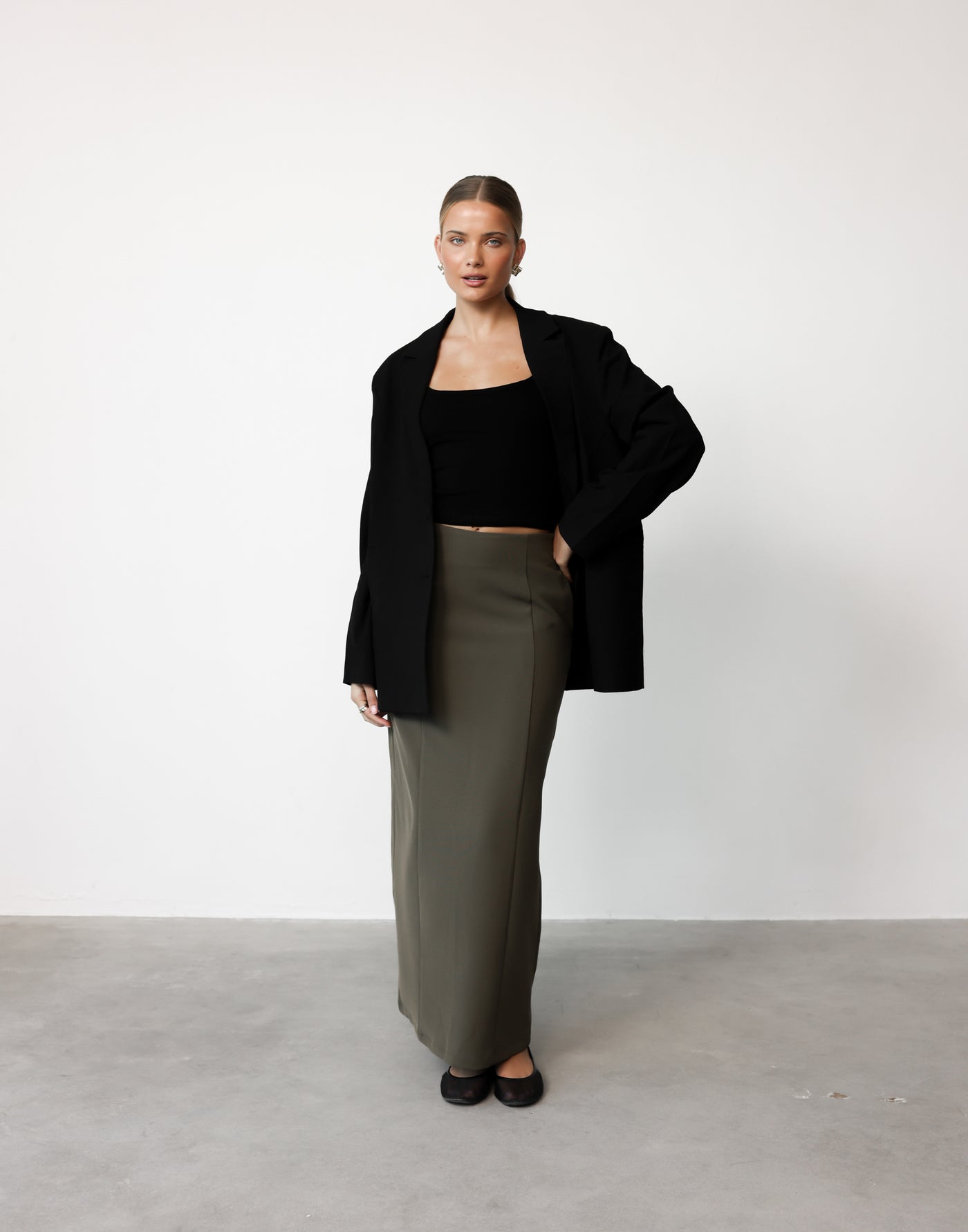 Alexander Maxi Skirt (Olive) | CHARCOAL Exclusive - Centre Back Split High Rise Maxi Skirt - Women's Skirt - Charcoal Clothing