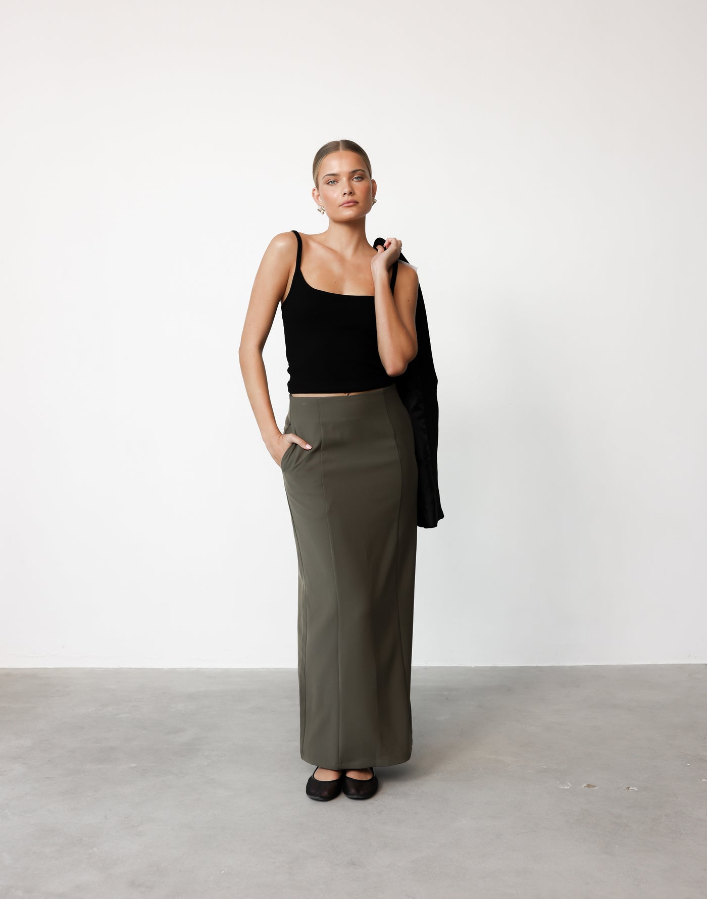 Alexander Maxi Skirt (Olive) | CHARCOAL Exclusive - Centre Back Split High Rise Maxi Skirt - Women's Skirt - Charcoal Clothing