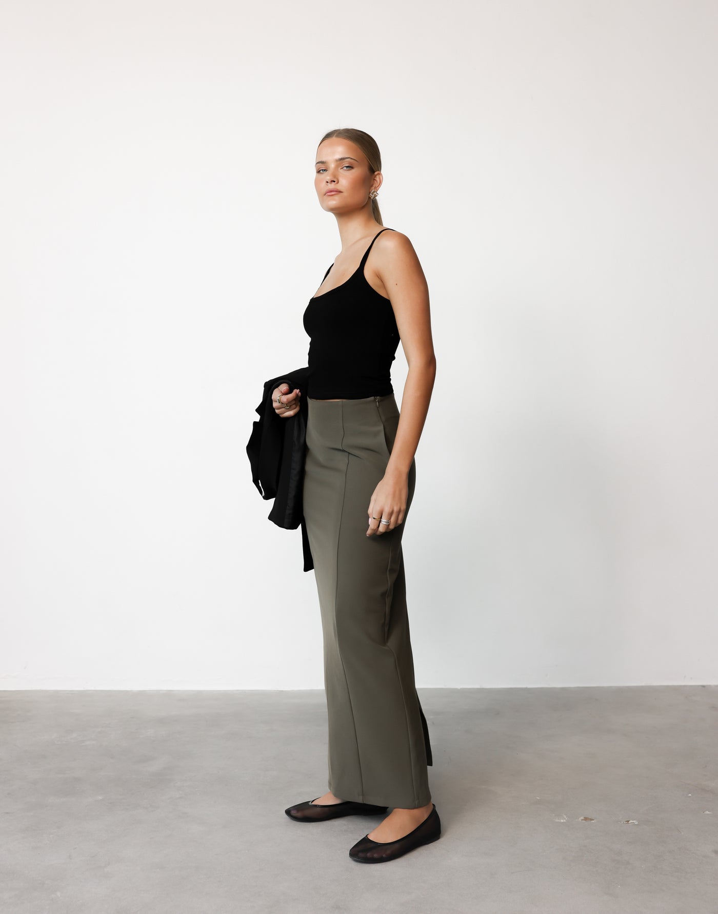 Alexander Maxi Skirt (Olive) | CHARCOAL Exclusive - Centre Back Split High Rise Maxi Skirt - Women's Skirt - Charcoal Clothing