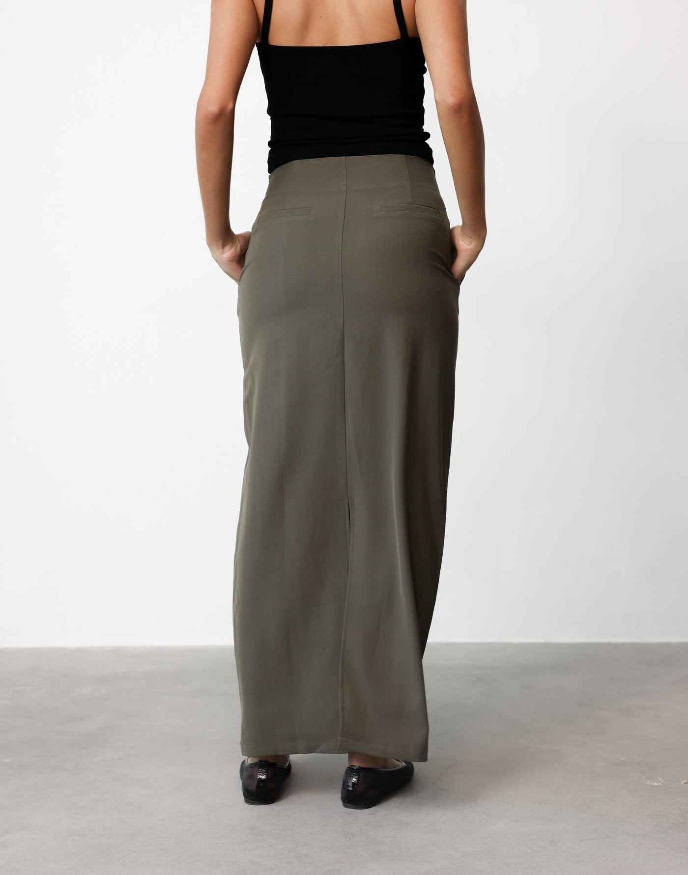 Alexander Maxi Skirt (Olive) | CHARCOAL Exclusive - Centre Back Split High Rise Maxi Skirt - Women's Skirt - Charcoal Clothing