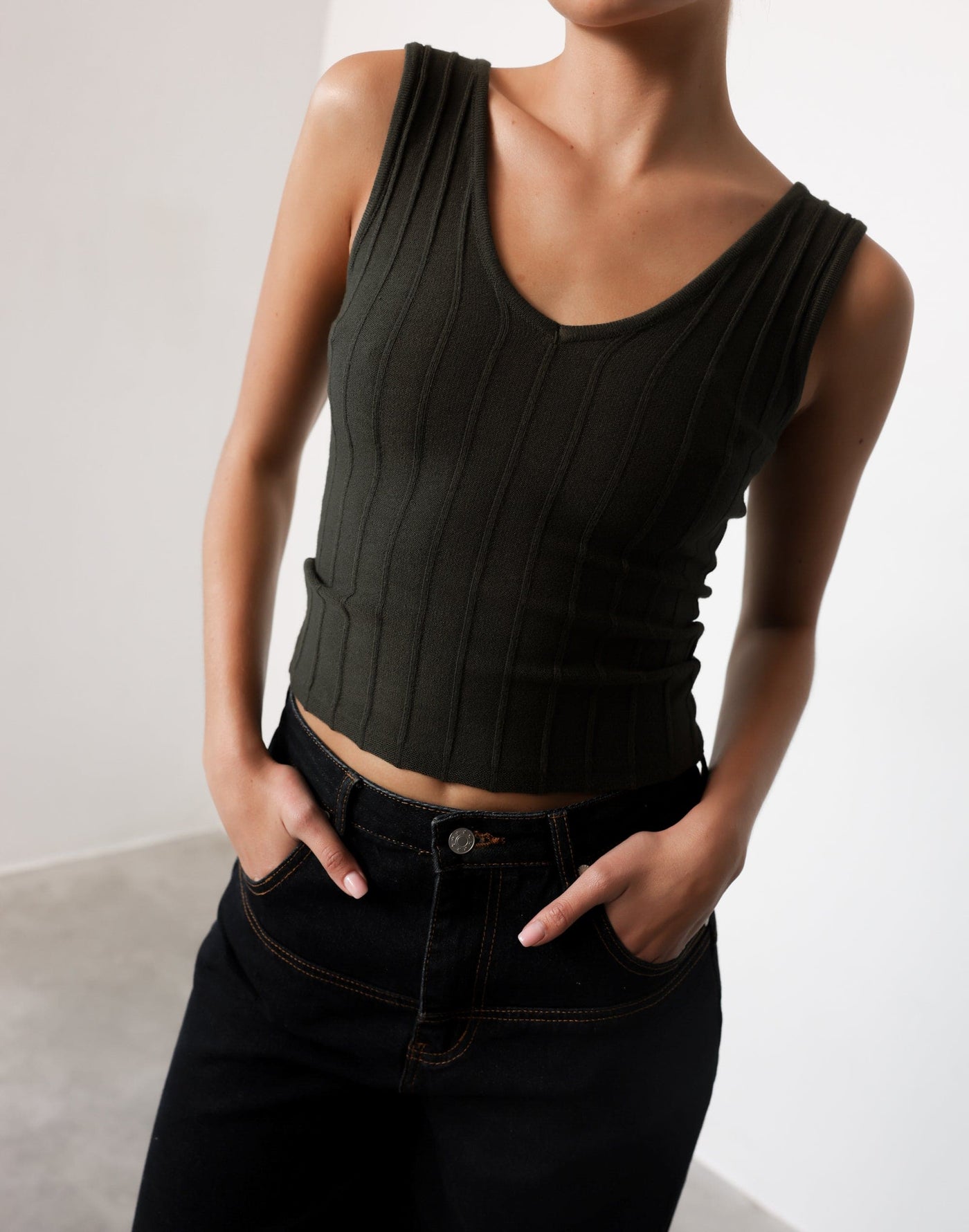 Aurelia Top (Moss) | CHARCOAL Exclusive - Longline Bodycon Ribbed Detail V-neck Top - Women's Top - Charcoal Clothing