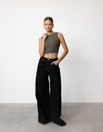 Danica Top (Olive) | CHARCOAL Exclusive - Boat Neck Cropped Open Back Buckle Detail Top - Women's Top - Charcoal Clothing