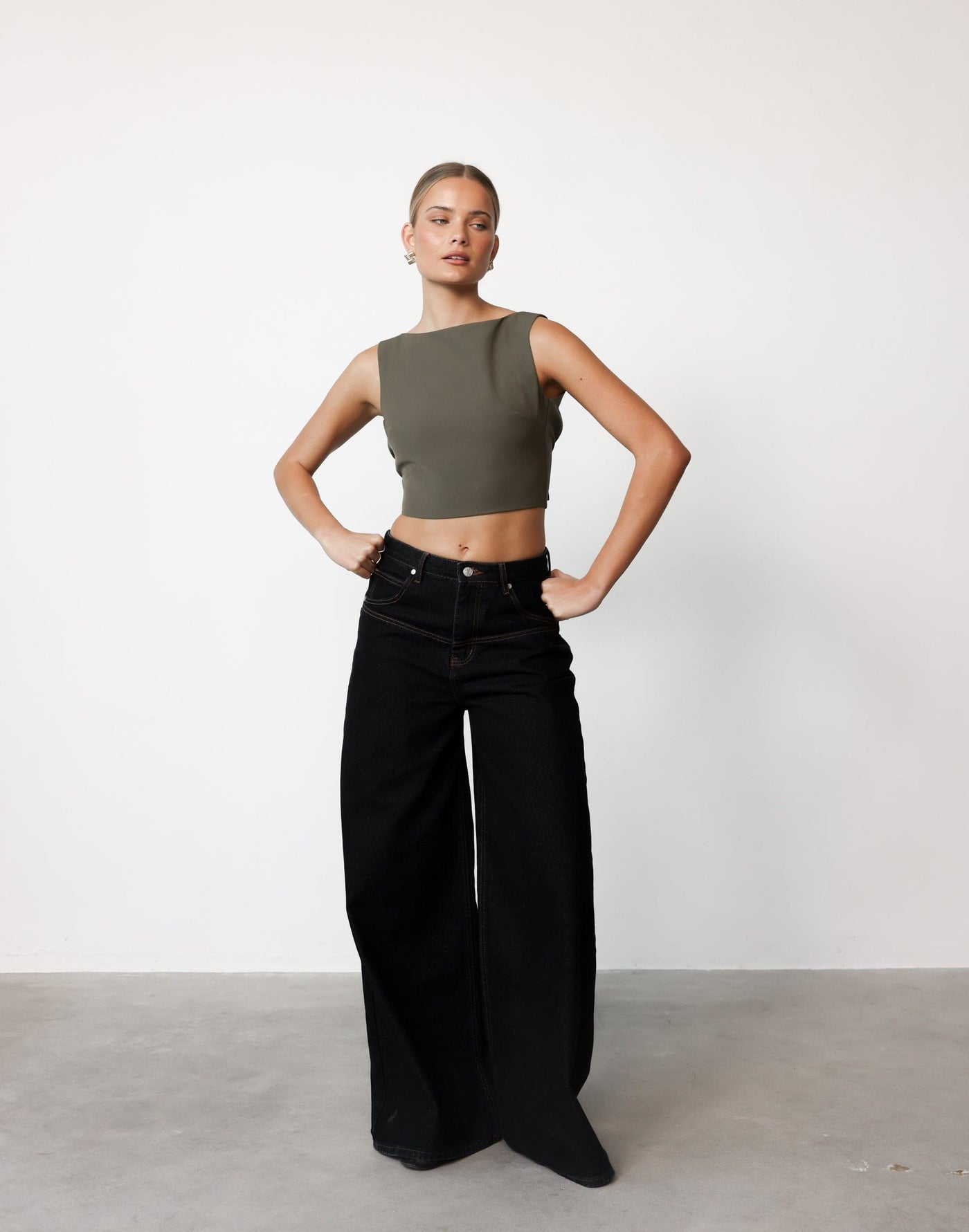 Danica Top (Olive) | CHARCOAL Exclusive - Boat Neck Cropped Open Back Buckle Detail Top - Women's Top - Charcoal Clothing