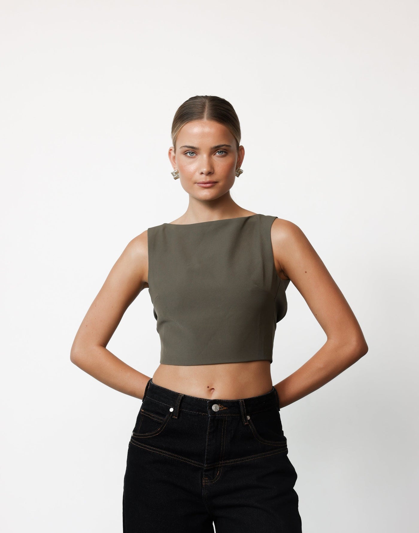 Danica Top (Olive) | CHARCOAL Exclusive - Boat Neck Cropped Open Back Buckle Detail Top - Women's Top - Charcoal Clothing