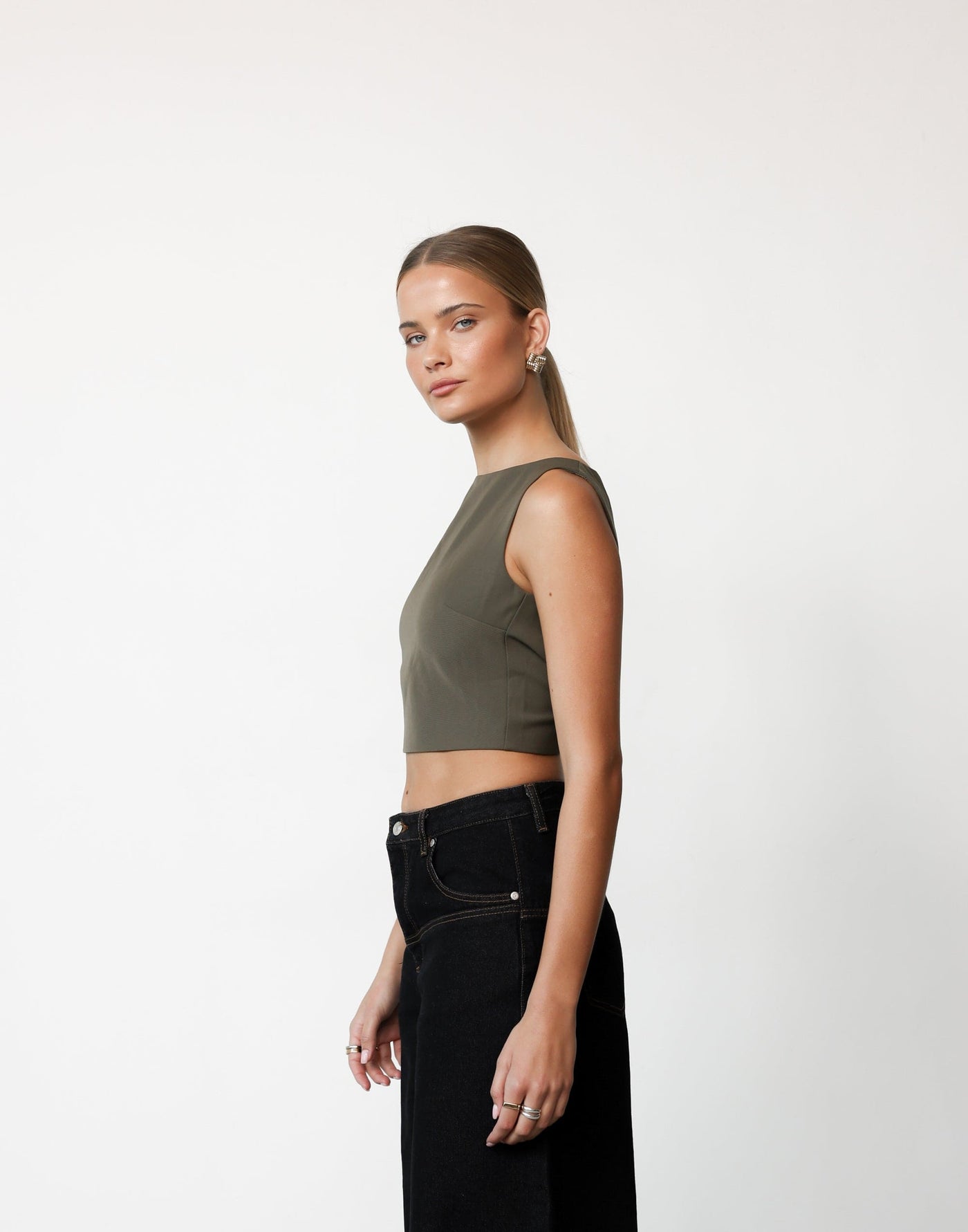 Danica Top (Olive) | CHARCOAL Exclusive - Boat Neck Cropped Open Back Buckle Detail Top - Women's Top - Charcoal Clothing