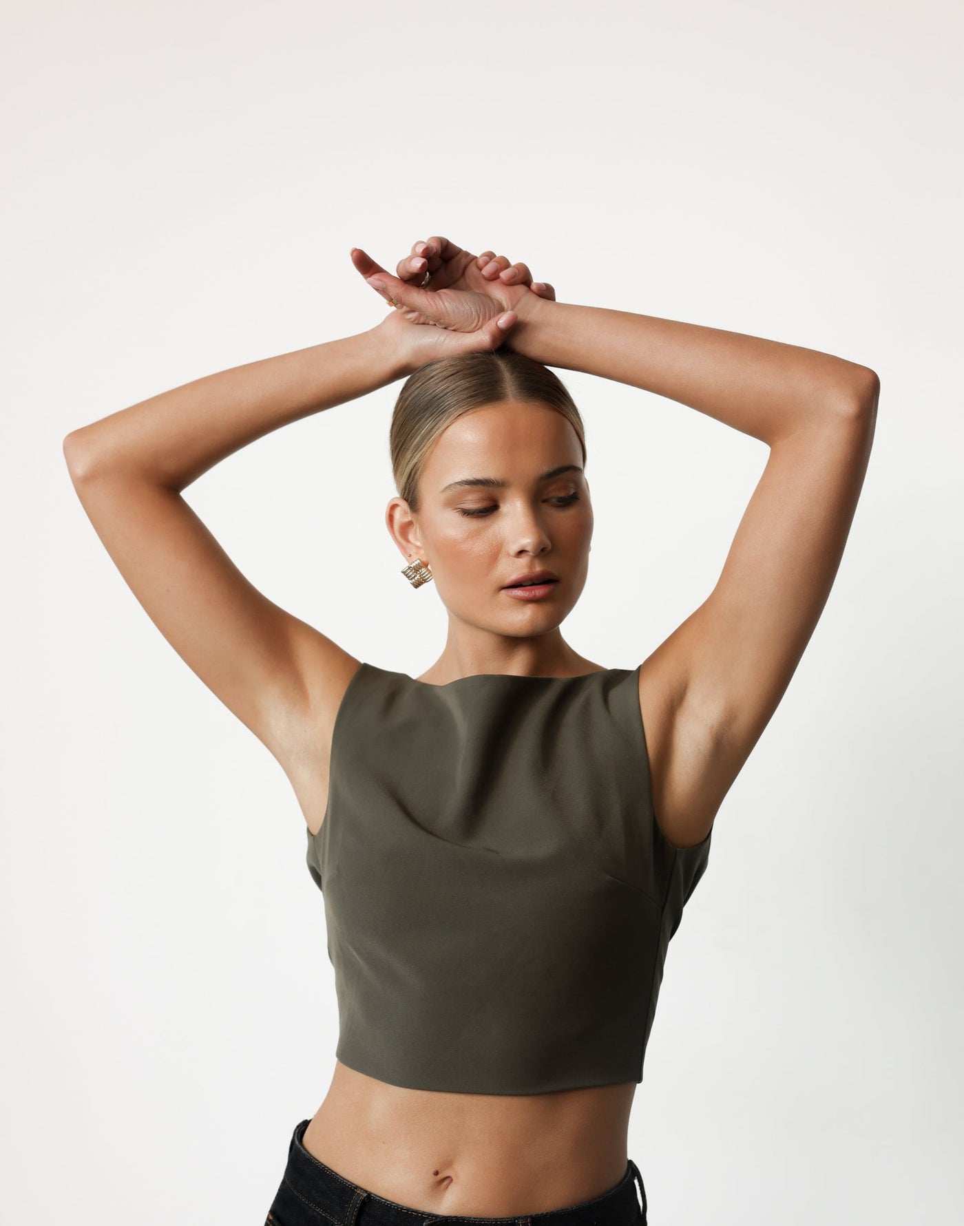 Danica Top (Olive) | CHARCOAL Exclusive - Boat Neck Cropped Open Back Buckle Detail Top - Women's Top - Charcoal Clothing