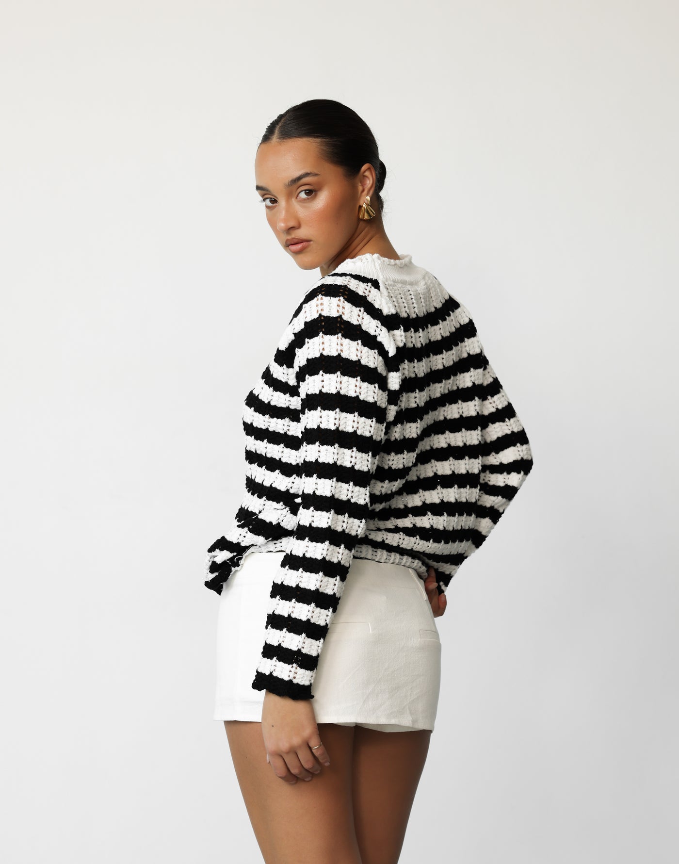 Linden Jumper (Black/White Stripe) - Crew Neck Stripe Knit Relaxed Fit Jumper - Women's Top - Charcoal Clothing