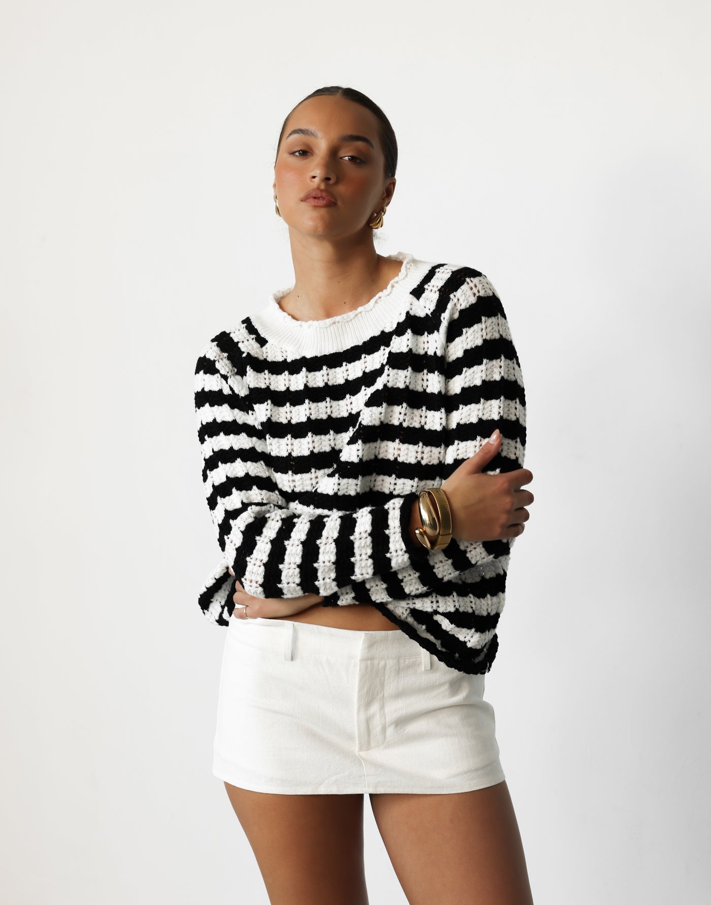 Linden Jumper (Black/White Stripe) - Crew Neck Stripe Knit Relaxed Fit Jumper - Women's Top - Charcoal Clothing