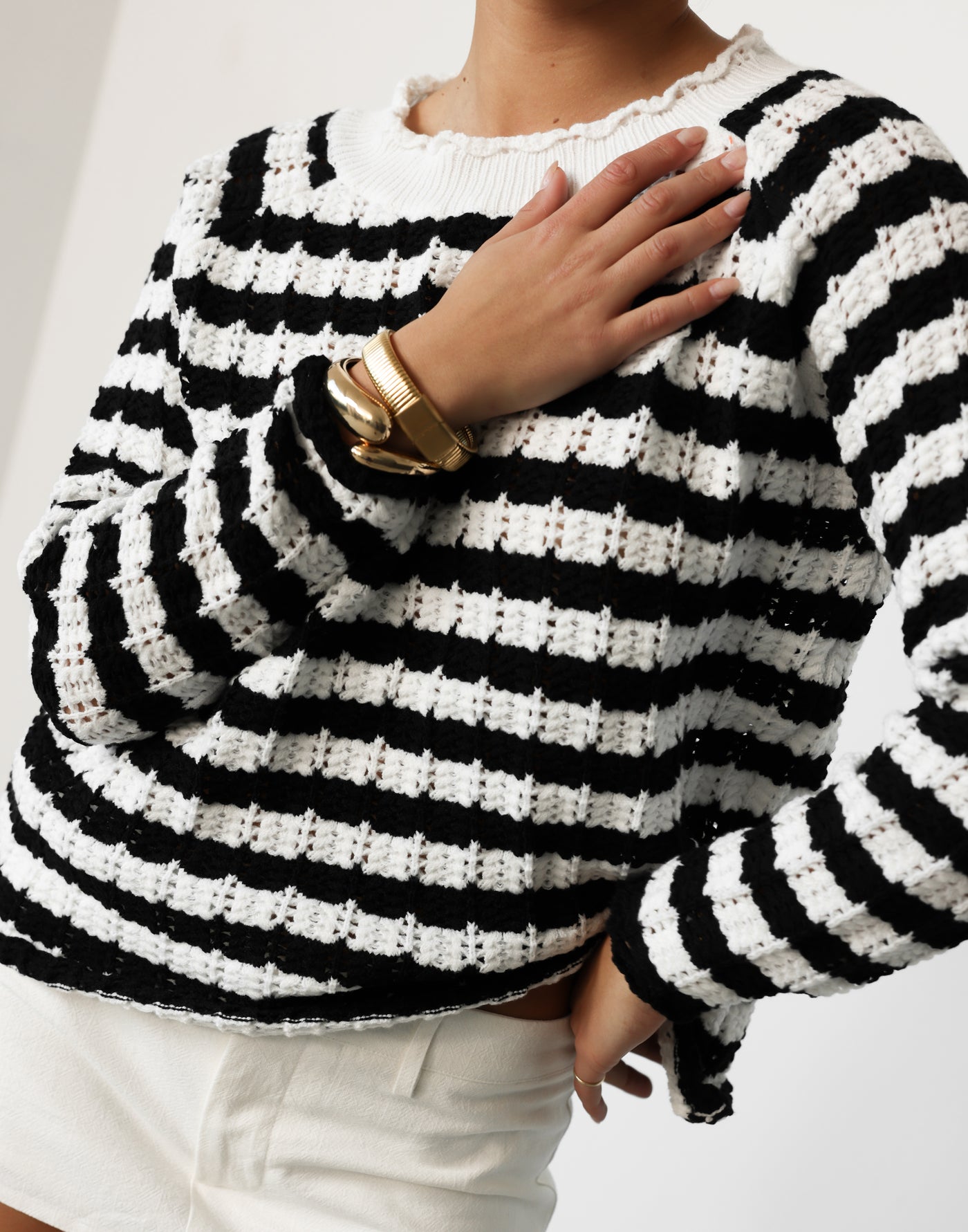 Linden Jumper (Black/White Stripe) - Crew Neck Stripe Knit Relaxed Fit Jumper - Women's Top - Charcoal Clothing