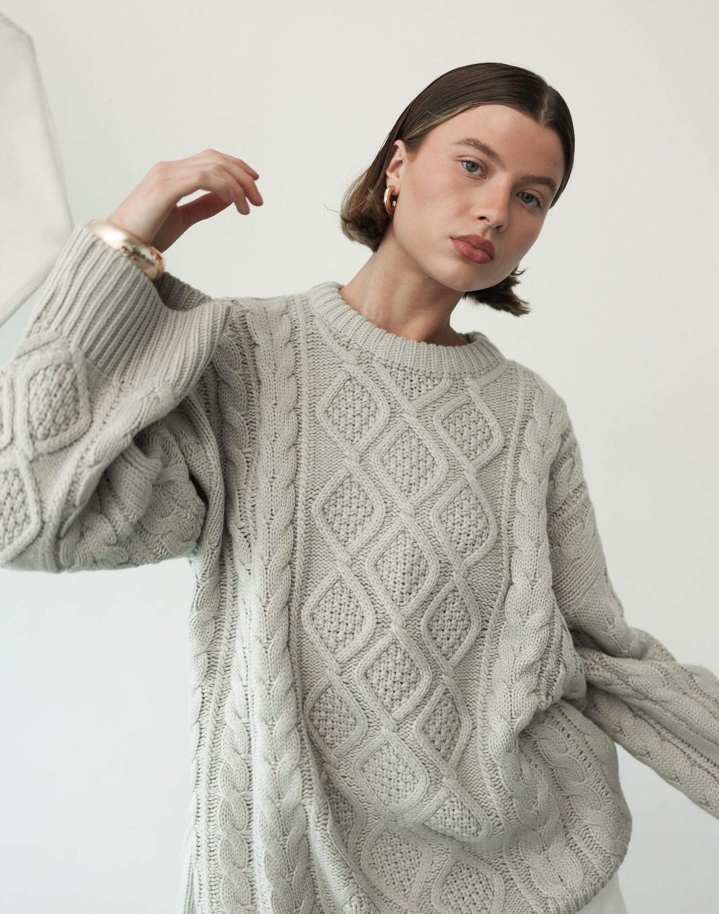 Gigi Knit (Cloud) - By Lioness - Cable Knit Design Oversized Slouched Fit Jumper - Women's Top - Charcoal Clothing