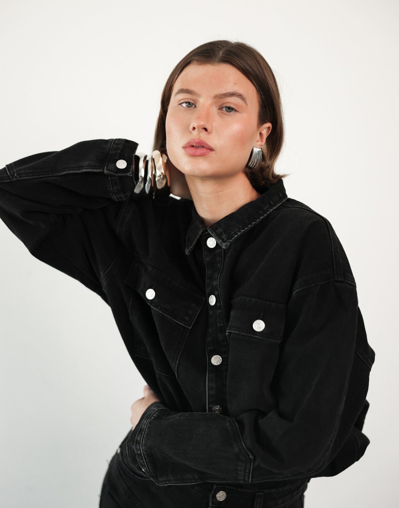 Adrian Denim Jacket (Black Wash) - - Oversized Silver Detail Denim Jacket - Women's Outerwear - Charcoal Clothing