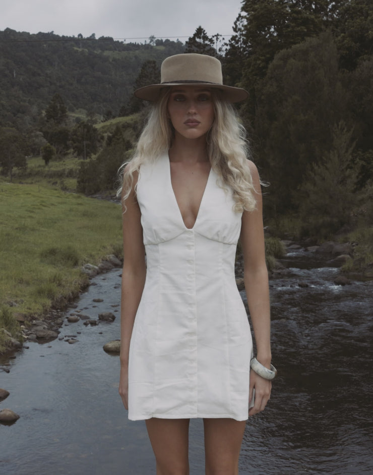 Nautical Mini Dress (White) - CHARCOAL EXCLUSIVE - Button front detailing  open bust mini dress